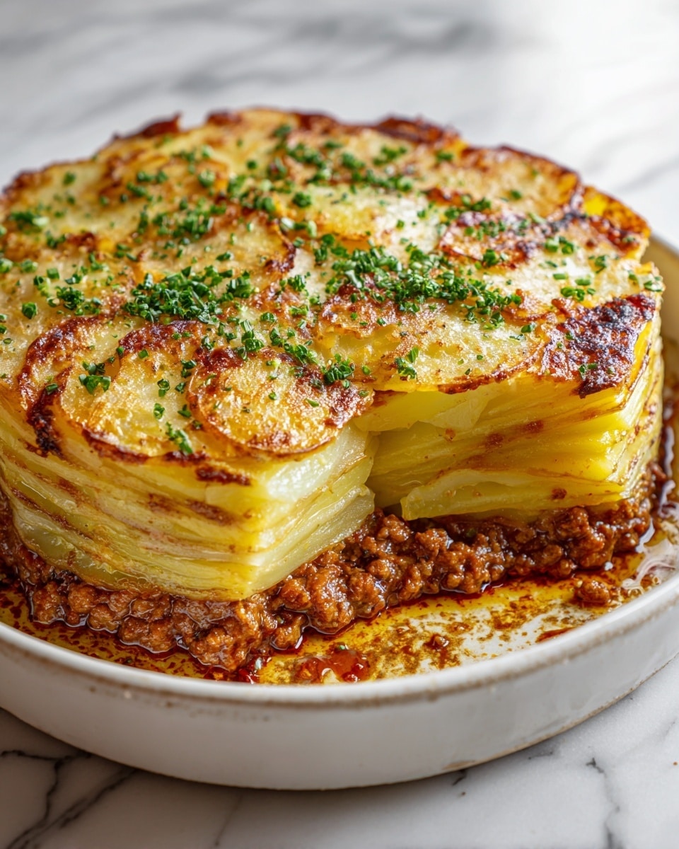 The dish is a round layered casserole in a white ceramic dish with a slightly raised edge. The top layer is golden brown and crispy with small green herb pieces scattered over it. Below the top layer are several thick, pale yellow potato slices stacked evenly. Under the potatoes, there is a thick layer of crumbly cooked ground meat with a rich reddish-brown sauce. The dish rests on a white marbled surface. photo taken with an iphone --ar 4:5 --v 7