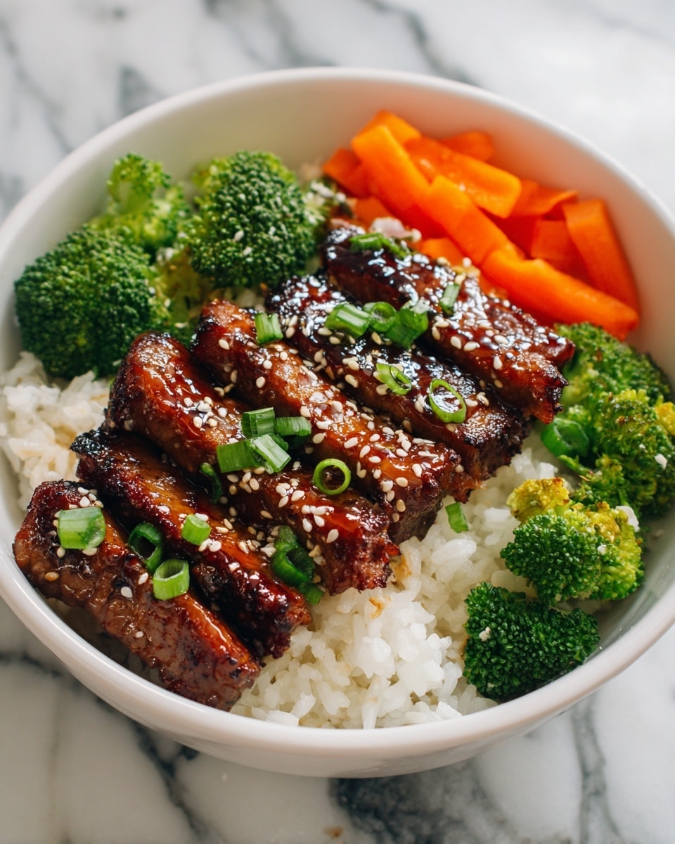 A white bowl filled with a base layer of white rice at the bottom, topped with five pieces of glazed, dark brown grilled meat arranged in a row, each sprinkled with white sesame seeds and chopped green onions. On one side of the bowl, there are small bright orange carrot sticks, and on the other side, green broccoli florets are placed closely together, creating a colorful contrast. The textures range from the soft rice, the sticky glaze on the meat, to the crunchy vegetables. The bowl sits on a white marbled surface. photo taken with an iphone --ar 4:5 --v 7