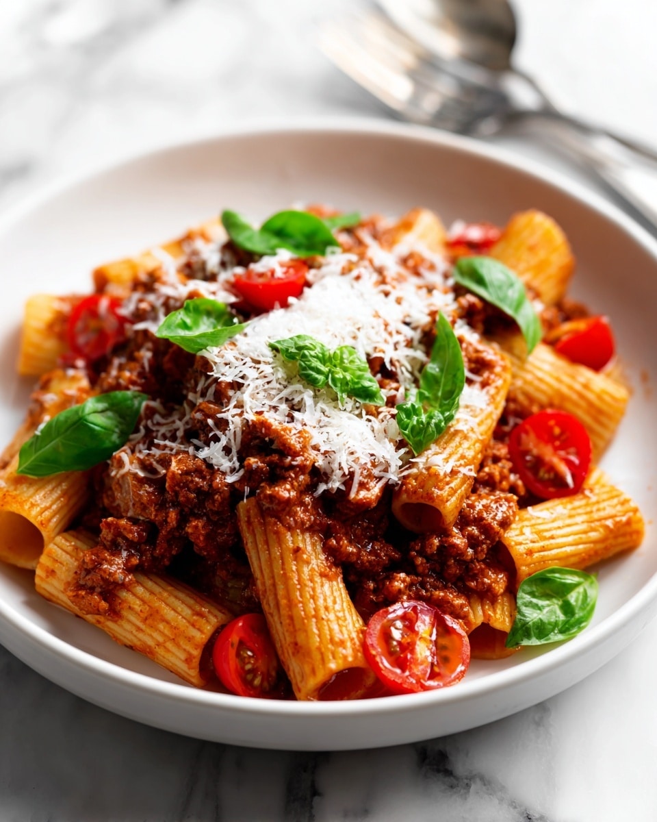 The image shows a close-up of a pasta dish served on a white plate placed on a white marbled surface. The pasta is rigatoni, covered with a thick layer of rich, reddish-brown meat sauce mixed with cream, giving it an orange-brown color. On top of the sauce, there is a generous amount of finely shredded white cheese scattered evenly. Bright green basil leaves are placed both whole and sliced thinly over the cheese. There are also small pieces of red cherry tomatoes spread around the top, adding a pop of color. The scene looks warm and inviting, with a blurred silver fork visible in the background. Photo taken with an iphone --ar 4:5 --v 7
