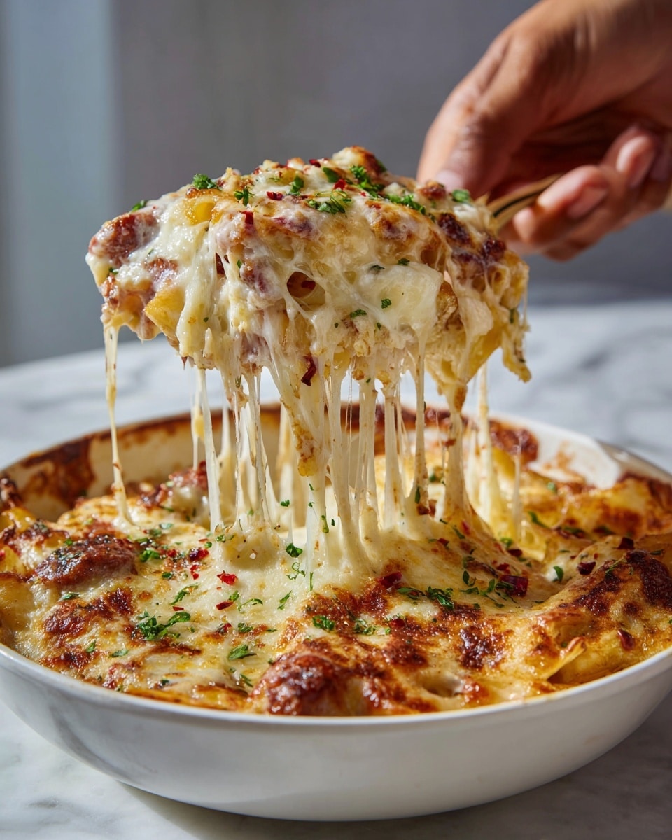 A close-up image of a white bowl filled with a cheesy baked pasta dish showing three main layers: the top layer has golden-brown melted cheese with small green herb pieces and red chili flakes sprinkled on top, the middle layer has slices of reddish-brown sausage mixed evenly throughout, and the bottom layer reveals creamy pasta pieces covered in gooey, stretchy melted cheese being lifted by a woman’s hand, showing the stringy texture of the cheese. The white bowl sits on a white marbled surface. The lighting highlights the rich colors and textures of the dish, making it look warm and inviting. photo taken with an iphone --ar 4:5 --v 7