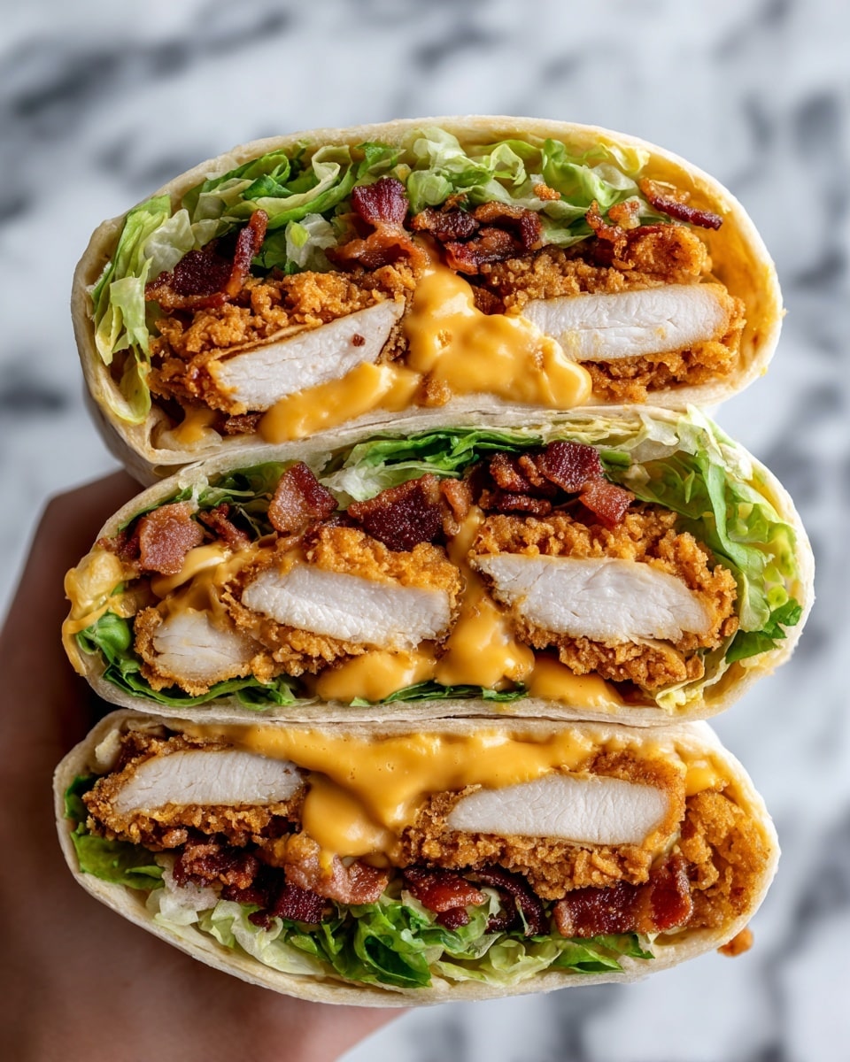 A close-up cross-section of a wrap sandwich showing three thick layers of golden-brown crispy fried chicken strips stacked in the middle, surrounded by bright green lettuce leaves lining the inside of a soft white tortilla. On top and between the chicken layers, there is a smooth, creamy orange cheese sauce with small pieces of crispy reddish-brown bacon sprinkled throughout. The wrap is neatly rolled with the layers tightly packed, and a woman's hand is holding it from the bottom right side. The background is a white marbled texture. Photo taken with an iphone --ar 4:5 --v 7