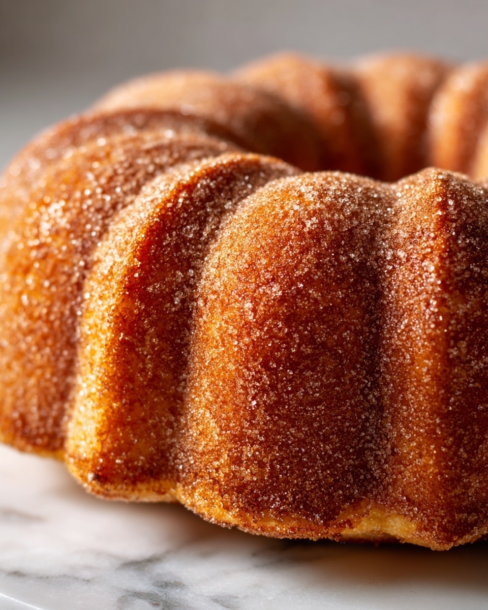 A close-up image of a bundt cake showing a thick layer of light brown sugar and cinnamon covering the entire top and sides. The cake itself is golden brown with a slightly crispy texture on the edges and soft inside layers visible where the cake curves. The bundt cake sits on a white marbled surface. The lighting highlights the sugary texture and the soft crumb of the cake. Photo taken with an iphone --ar 4:5 --v 7