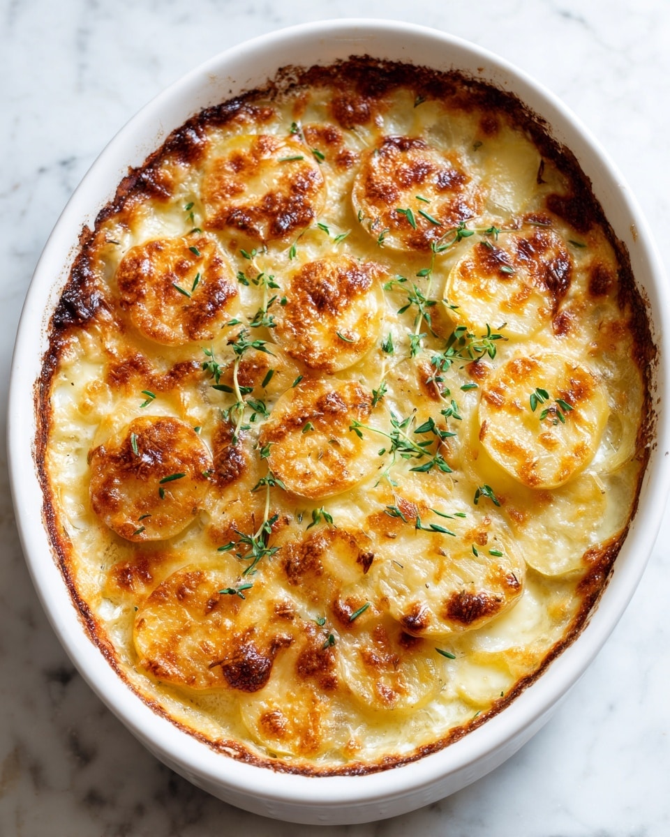 A close-up photo of a baked dish in a white oval baking dish filled with layered scalloped potatoes. The top layer is a golden-brown mix of melted cheese and slightly crisped potato edges, with visible small sprigs of green herbs scattered across. The potato slices are soft and creamy with a pale yellow color beneath the browned cheese crust. The dish sits on a white marbled textured surface. photo taken with an iphone --ar 4:5 --v 7