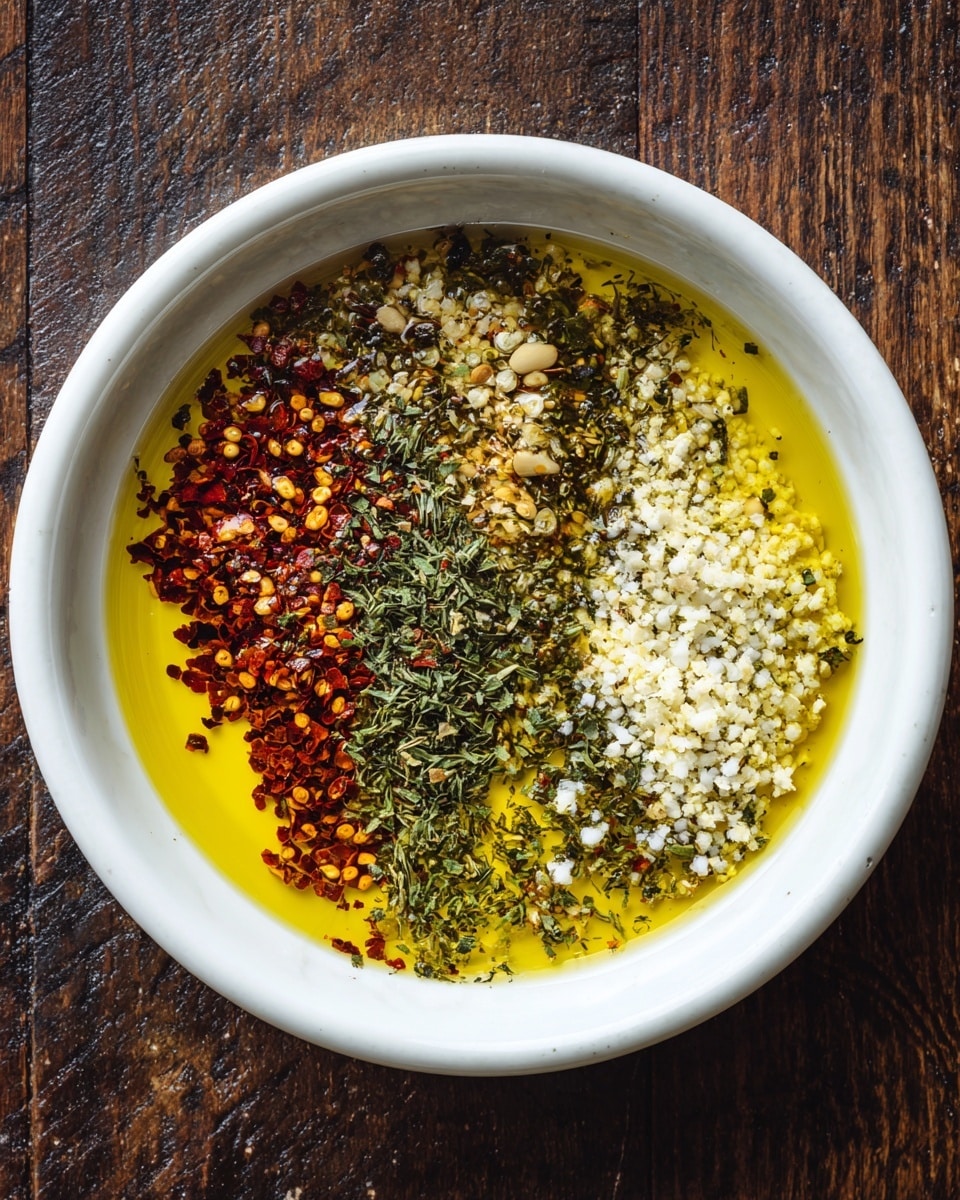 A white bowl filled with golden yellow olive oil topped with several spices and herbs arranged in sections. There are red chili flakes scattered on one side, finely chopped green herbs like parsley or dill in the middle, and a mix of sesame seeds and white crumbled spices on the other side, creating a colorful and textured pattern on the surface. The bowl sits on a dark wooden table contrasting with the white marble background underneath. Photo taken with an iphone --ar 4:5 --v 7
