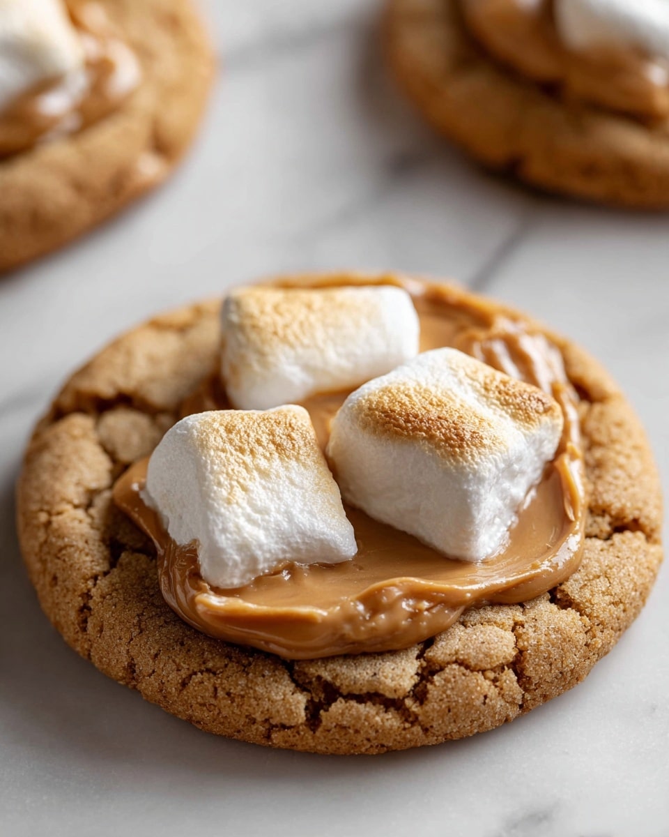 Three round cookies are placed on a white marbled surface. Each cookie has a golden-brown base with a rough texture. On top of the base layer is a smooth, thick spread of light brown peanut butter, covering most of the cookie. There are also uneven chunks of white marshmallow partially embedded in the peanut butter on each cookie. The lighting shows a soft shine on the peanut butter, emphasizing its creamy texture. photo taken with an iphone --ar 4:5 --v 7