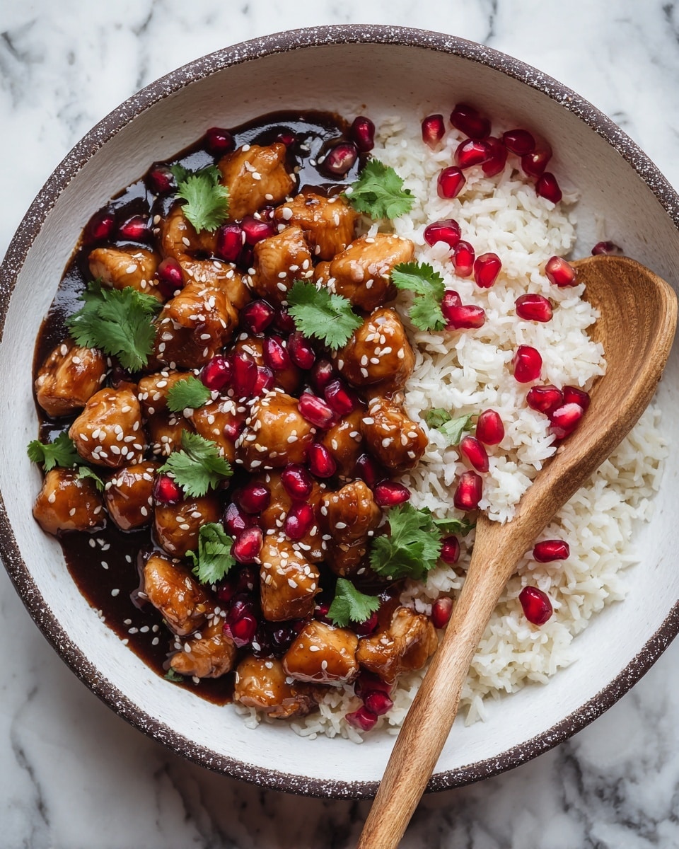 A bowl filled with a base layer of fluffy, light-colored rice, topped with small, glossy pieces of golden-brown chicken covered in a shiny dark brown sauce. Bright red pomegranate seeds are scattered over the chicken, adding a pop of color, along with fresh green cilantro leaves spread evenly. White sesame seeds are sprinkled on top, creating small contrast spots. A wooden spoon rests on the edge of the bowl, which is white inside with a textured, darker outer surface. The background shows a white marbled texture. Photo taken with an iphone --ar 4:5 --v 7