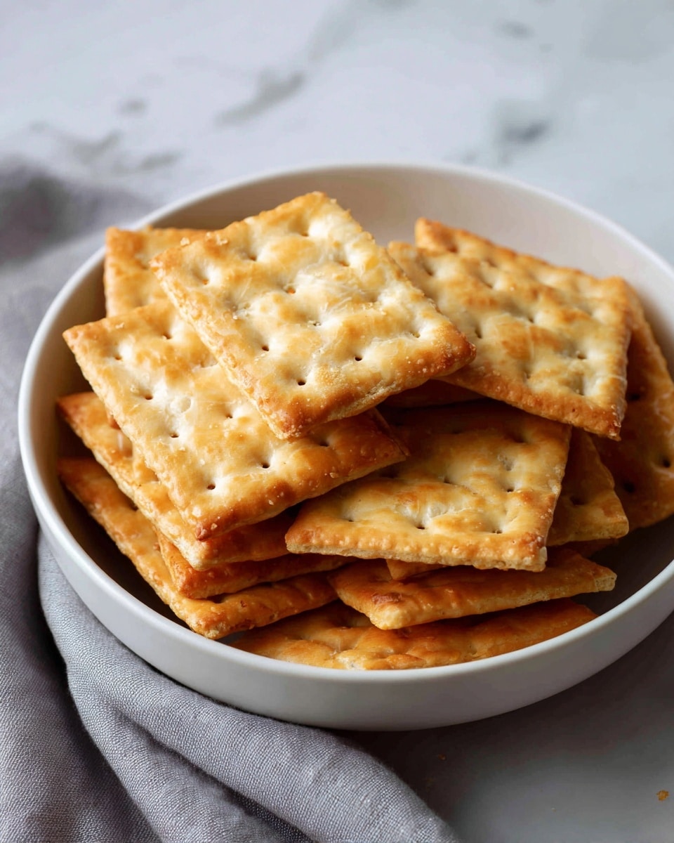 A bowl filled with a stack of golden brown crackers arranged in two layers, each cracker square-shaped with small square holes evenly distributed on the surface. The top layer crackers show a crispy, slightly oily texture with a light, shiny coating, and toasted edges, while the crackers beneath are partly visible, showing similar texture and color. The white bowl sits on a white marbled surface, and a gray cloth is partially visible beside it. Photo taken with an iphone --ar 4:5 --v 7