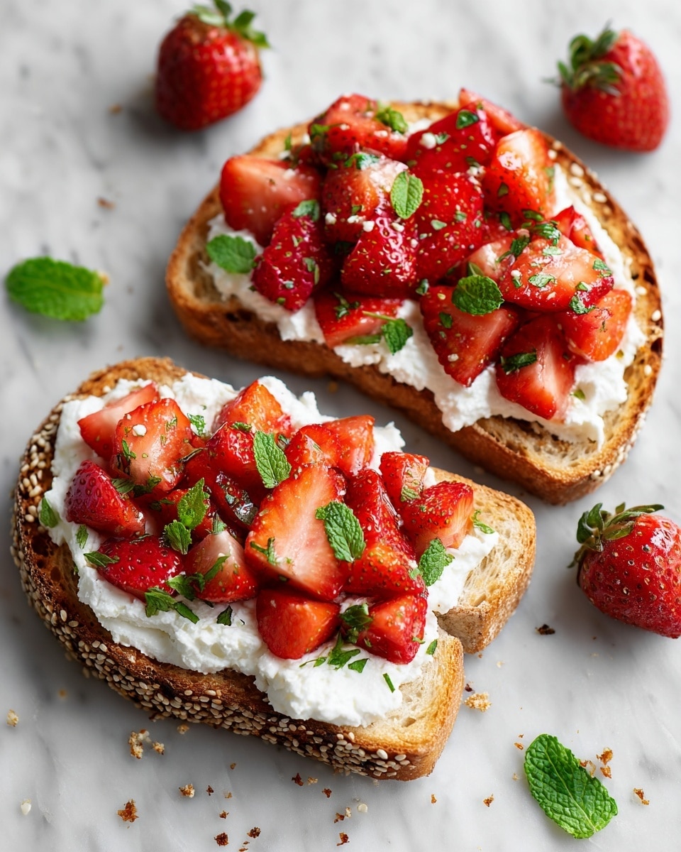 Two slices of toasted bread with sesame seeds on the crust, each layered with a thick spread of white, creamy cottage cheese. On top of the cheese, there are bright red chopped strawberries with a shiny glaze, scattered evenly and mixed with small fresh green mint leaves. The toast is placed on a white marbled surface with a few whole strawberries and some crumbs around, giving a fresh and vibrant look. photo taken with an iphone --ar 4:5 --v 7