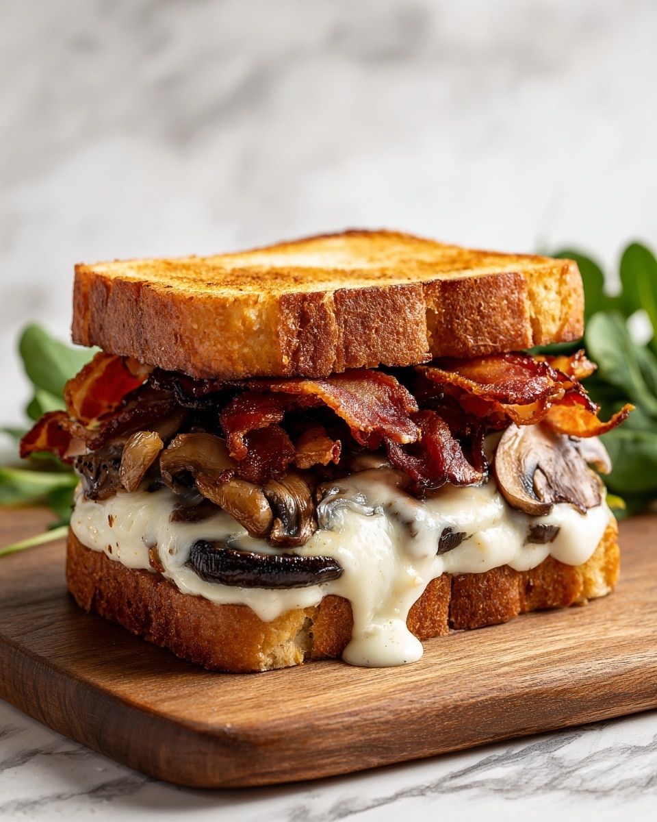 A close-up photo of a sandwich with three thick layers of toasted white bread, the top and bottom slices are dark golden brown with a crispy texture. The bottom bread has a spread of light orange sauce, topped with a thick, dark grilled mushroom slice, then a layer of melted white cheese with smooth, flowing edges that drip down slightly. Above the cheese, there is a thick pile of cooked, folded ham with a pinkish color and slightly crispy edges. On top of the ham, there is another dark grilled mushroom slice, and the sandwich is finished with the top bread slice, which also has some light orange sauce spread on its bottom side. The sandwich is placed on a wooden board set on a white marbled textured surface, against a plain dark background. photo taken with an iphone --ar 4:5 --v 7