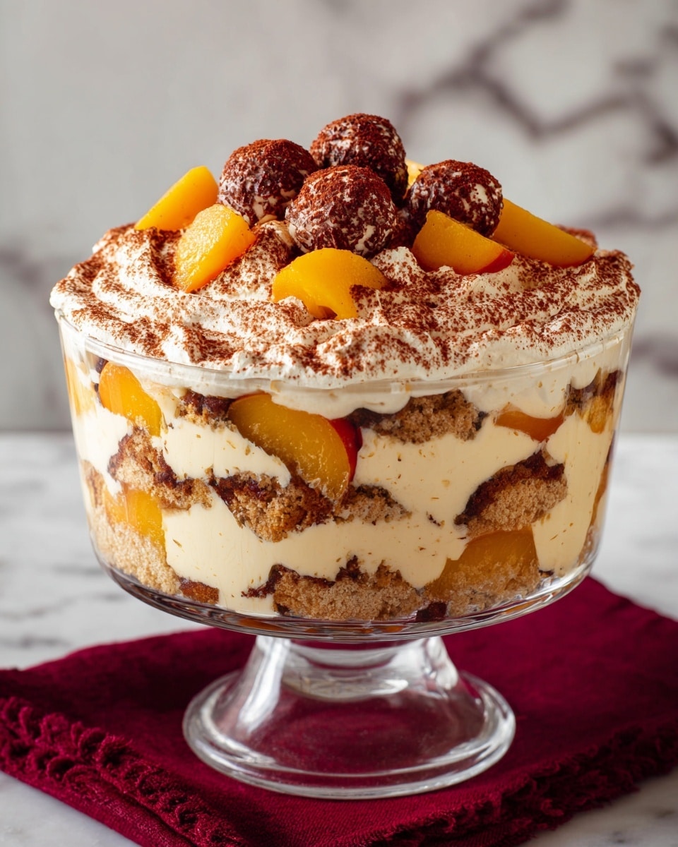 The dessert in a clear glass bowl has four visible layers, starting with a crumbly light brown crust at the bottom. Above that is a thick creamy white layer mixed with slices of yellow-orange peaches. The next layer repeats the creamy white texture with more peach slices, creating a mix of smoothness and fruit. The top is decorated with light white cream swirls covered in fine cocoa powder and topped with chunks of bright yellow peaches and dark red-brown nuts or dried fruit pieces. The glass bowl sits on a dark red cloth over a white marbled surface. Photo taken with an iphone --ar 4:5 --v 7