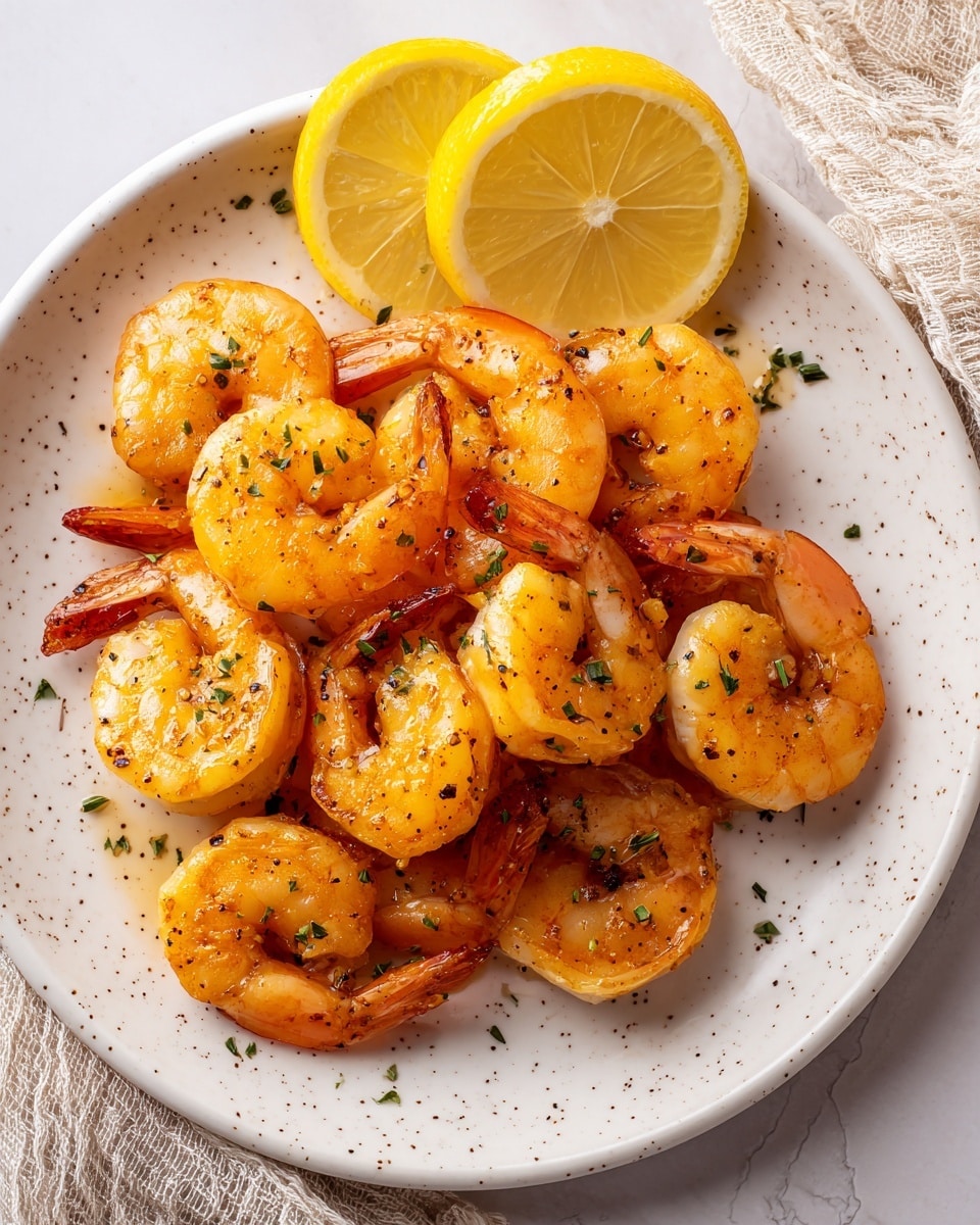 A close-up view of cooked shrimp arranged on a white speckled plate, showing about two layers of shrimp with a shiny, golden-brown texture from seasoning and oil, garnished with small green parsley pieces scattered over the top. Two slices of bright yellow lemon wedges sit on top and to the side of the shrimp, adding contrast. The plate is placed on a rough beige cloth with a white marbled surface barely visible underneath. The shrimp look juicy and slightly curled. photo taken with an iphone --ar 4:5 --v 7