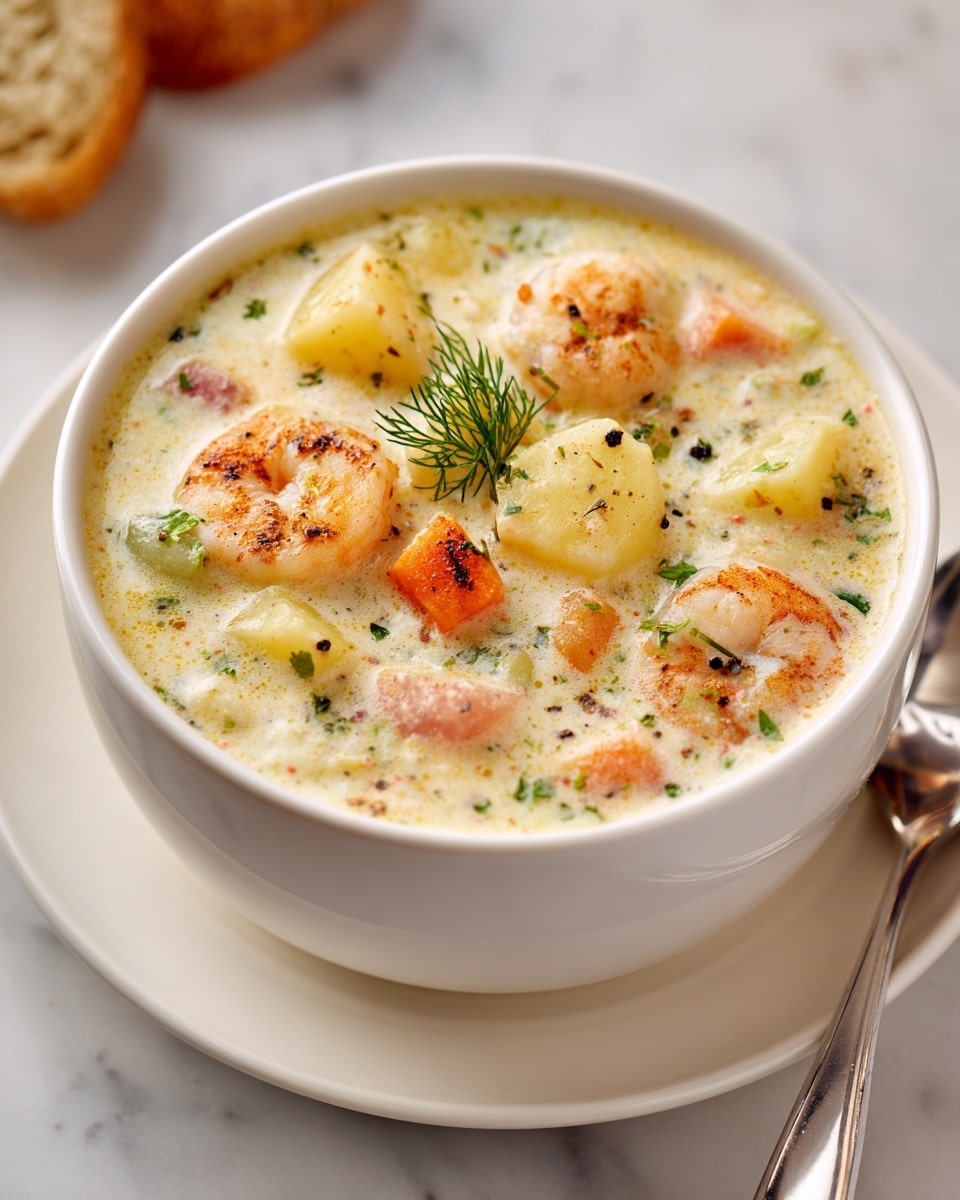 A round white bowl filled with creamy white soup containing large pieces of shrimp that are pale pink with light grill marks, bright orange carrot cubes, white and slightly yellowish potato chunks, and small green herbs sprinkled on top. The soup has a smooth, thick texture with visible small black pepper flakes and herbs throughout, and a small sprig of dill placed in the center. The bowl sits on a matching white plate on a white marbled surface with a blurry piece of bread in the background. photo taken with an iphone --ar 4:5 --v 7