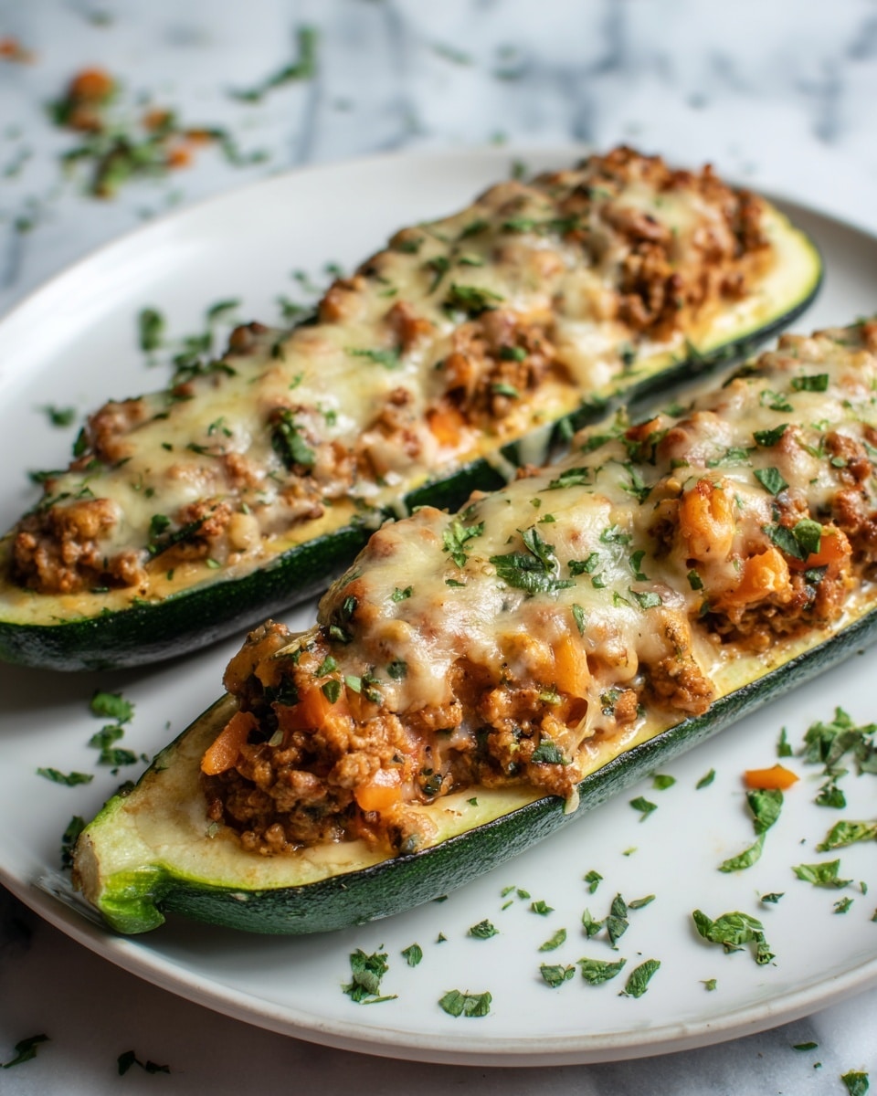 The image shows two zucchini halves filled with a thick layer of textured, light brown cooked ground meat mixed with orange bits of vegetables, topped with a layer of melted light golden cheese with some brown spots and sprinkled with green herbs. The zucchini skins are dark green with a smooth texture and serve as a base for the filling. The dish sits on a white plate, with small green herb leaves scattered around on a white marbled surface. Photo taken with an iphone --ar 4:5 --v 7