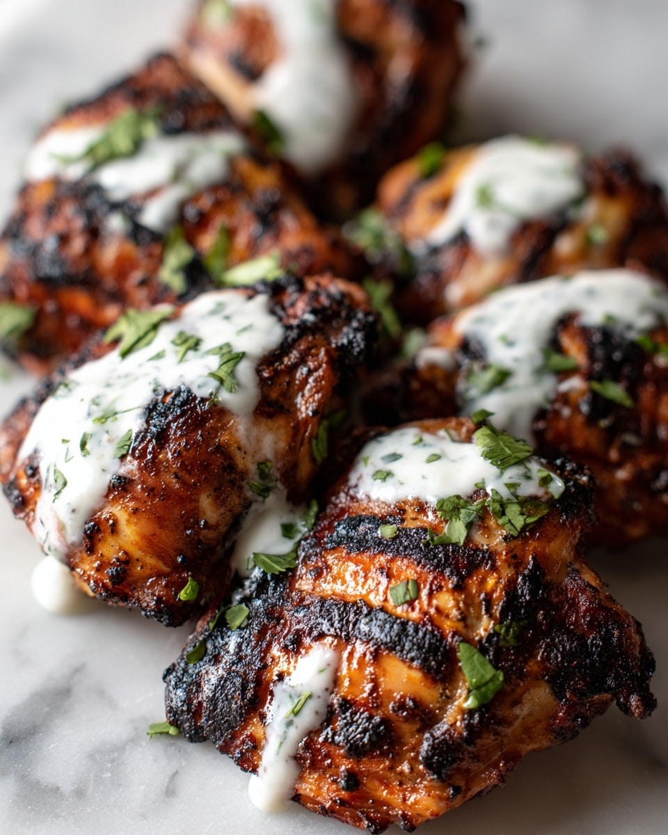 The image shows six pieces of grilled chicken arranged closely together, each piece with a dark, charred outer layer and visible grill marks, giving it a crispy texture. There is a white creamy sauce generously drizzled over the top, some flowing down the sides of the chicken pieces. Small green herb leaves are scattered on top, adding a fresh color contrast. The chicken rests on a white surface with a white marbled texture, making the rich colors of the grilled chicken and sauce stand out. photo taken with an iphone --ar 4:5 --v 7
