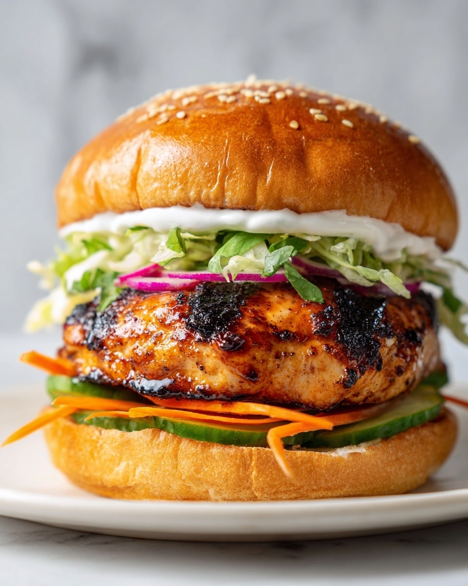 A close-up of a juicy grilled chicken sandwich with a glossy, sesame-seeded golden brown bun on top. Beneath the top bun is a layer of creamy mayo sauce with shredded green lettuce and thinly sliced red onions for texture. The thick grilled chicken patty is dark brown with visible grill marks and a shiny glaze. Under the chicken, there is a layer of fresh sliced pickles and shredded carrots adding orange and green colors, all sitting on the soft bottom bun. The sandwich is placed on a white plate with a white marbled texture background. Photo taken with an iphone --ar 4:5 --v 7