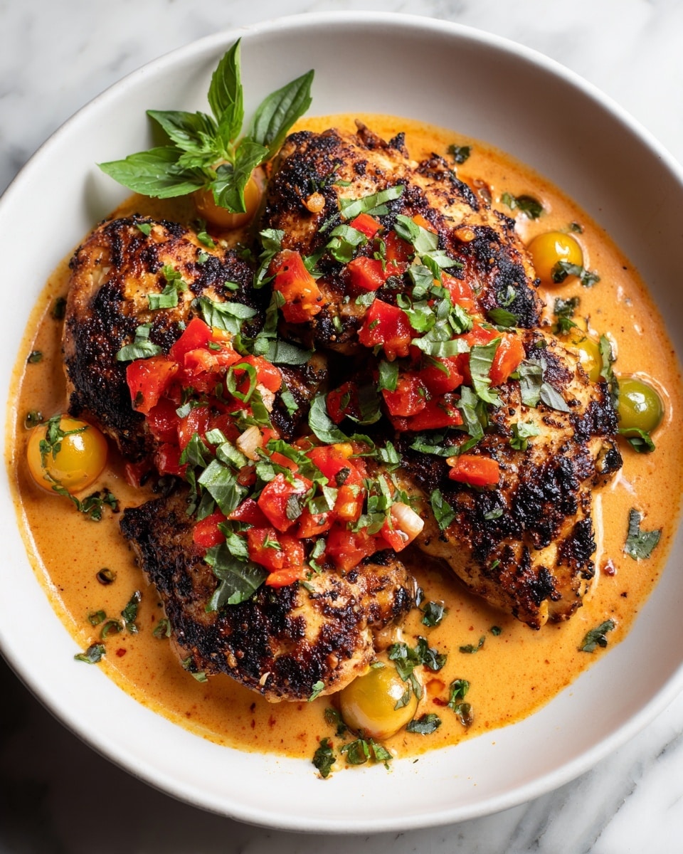 Three pieces of grilled chicken with a golden brown, slightly charred crust sit in a shallow layer of orange sauce on a white plate. Each chicken piece is topped with small red tomato chunks and chopped green herbs, likely basil and cilantro. Around the chicken, there are yellow cherry tomatoes and more finely chopped green herbs scattered across the sauce, adding fresh color. The textured sauce appears smooth and glossy, pooling gently around the chicken. The white plate rests on a white marbled surface. photo taken with an iphone --ar 4:5 --v 7