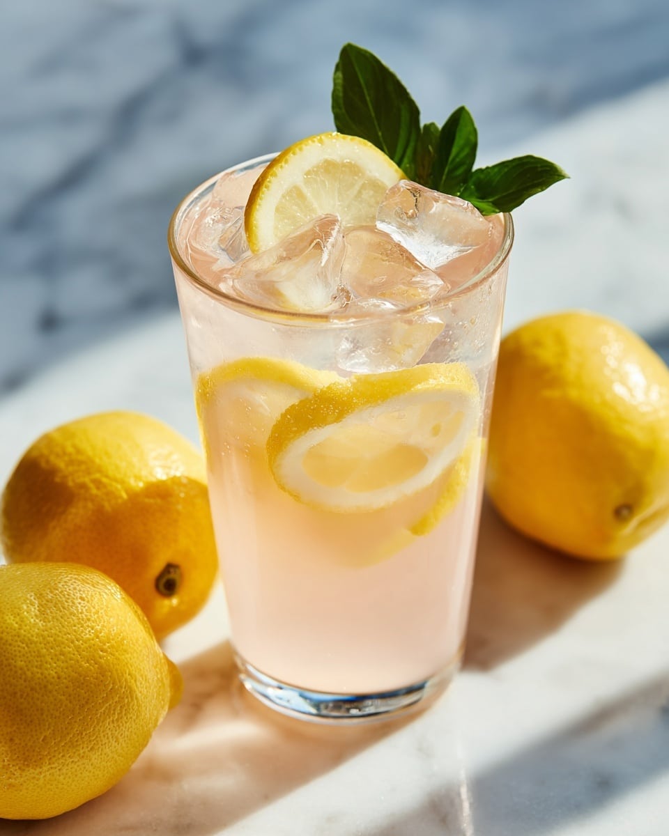 A clear glass filled with pale pink lemonade contains several clear ice cubes, with light yellow lemon slices mixed inside and floating near the top. A thin, round slice of lemon is placed on the rim of the glass, accompanied by a small green mint leaf behind it. The glass sits on a white marbled surface, with two whole yellow lemons placed on either side in the background. Bright, natural light highlights the cool, refreshing look of the drink. photo taken with an iphone --ar 4:5 --v 7
