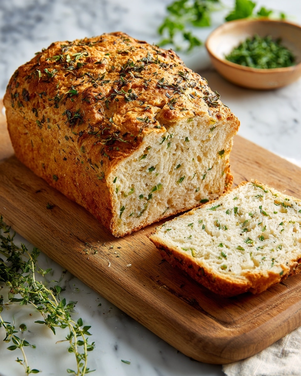 A loaf of herb bread is shown on a wooden board, with one thick slice cut and placed flat in front. The bread has a golden-brown crust with a textured top sprinkled with herbs, while the inside is soft, light, and filled with small bits of green herbs. The wooden board has a natural grain and rests on a white marbled surface, accompanied by some blurred herb sprigs and a small bowl of herbs in the background. photo taken with an iphone --ar 4:5 --v 7