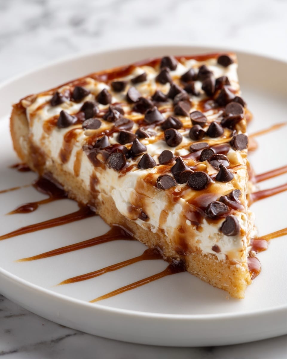 A single slice of dessert pizza is shown on a white plate with a white marbled texture in the background. The bottom layer is a light golden-brown crust. Above the crust, there is a thick, glossy, cream-colored layer that looks smooth and slightly shiny. Scattered on top are dark brown, glossy chocolate chips, some slightly melted. Drizzled over the slice in thin lines is a darker brown sauce that adds a shiny texture and contrasts with the creamy layer. The edges of the slice show a soft transition from crust to topping, with a warm, inviting look. photo taken with an iphone --ar 4:5 --v 7