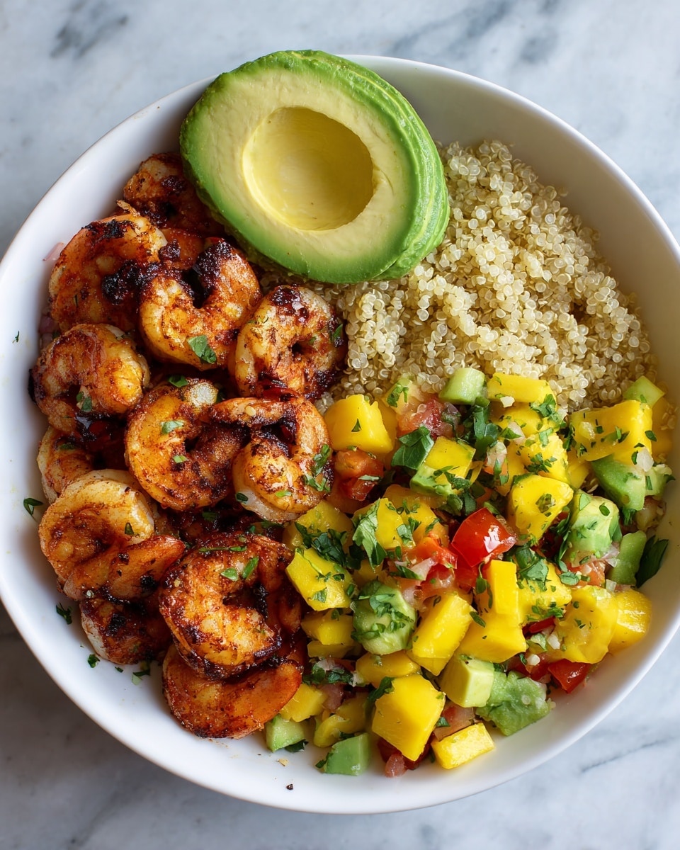 A white bowl filled with three main layers: at the bottom is a bed of light beige quinoa, on the left side a neat pile of grilled shrimp with char marks showing a reddish-brown color, and on the right side a colorful mix of diced yellow mango, green avocado chunks, and small pieces of red tomato, all sprinkled lightly with green herbs. There is a half avocado with its seed removed positioned at the top center of the bowl. The surface beneath the bowl is a white marbled texture. Photo taken with an iphone --ar 4:5 --v 7