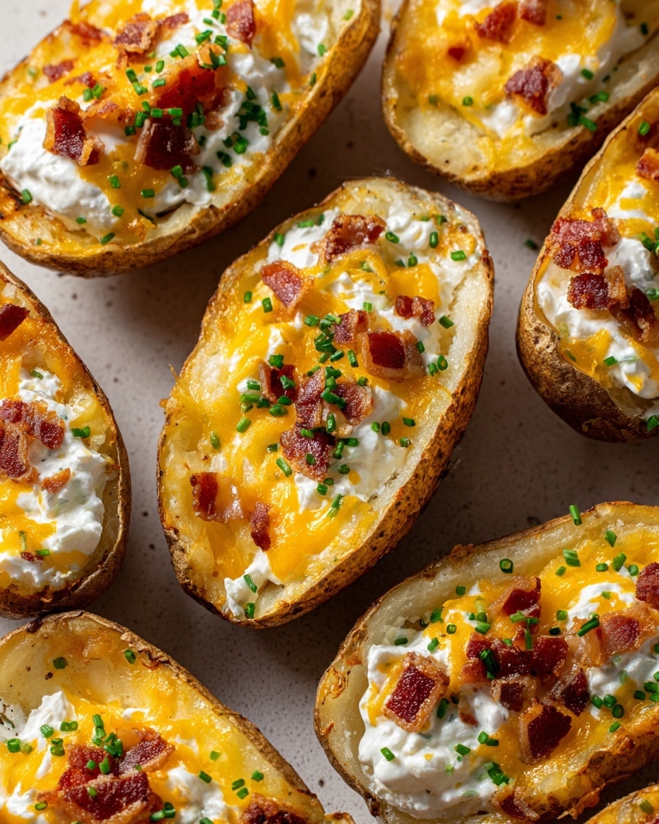 The image shows a close-up of several baked potato skins filled with melted cheddar cheese, sour cream, and small pieces of crispy bacon. Each potato skin acts as a golden-brown cup holding creamy white sour cream mixed with melted orange-yellow cheese. The tops are sprinkled with finely chopped green chives and tiny crispy brown bacon bits, adding color and texture contrast. The potato skins are placed close together, filling the frame, with a soft light that highlights the glossy melted cheese and the crispy edges. Photo taken with an iphone --ar 4:5 --v 7