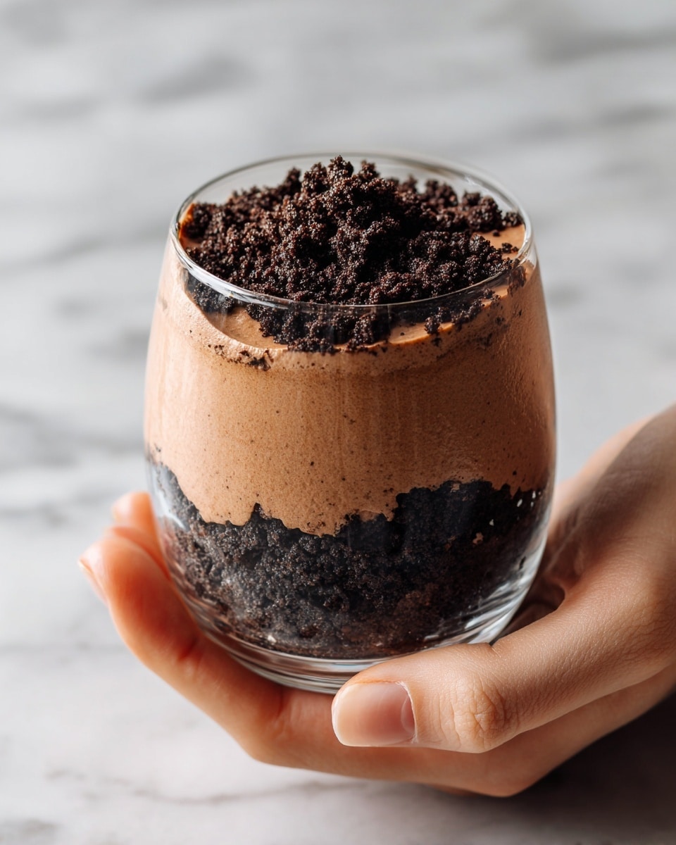 The image shows a dessert called a protein dirt cup inside a clear glass cup. The bottom layer is dark chocolate cookie crumbs that look crumbly and rough. Above it, there is a smooth, thick layer of light brown chocolate pudding that fills most of the cup. On top, there is another thick layer of dark cookie crumbs, creating a textured finish. A woman's hand is holding the cup gently, with the dessert against a white marbled surface in the background. Photo taken with an iphone --ar 4:5 --v 7