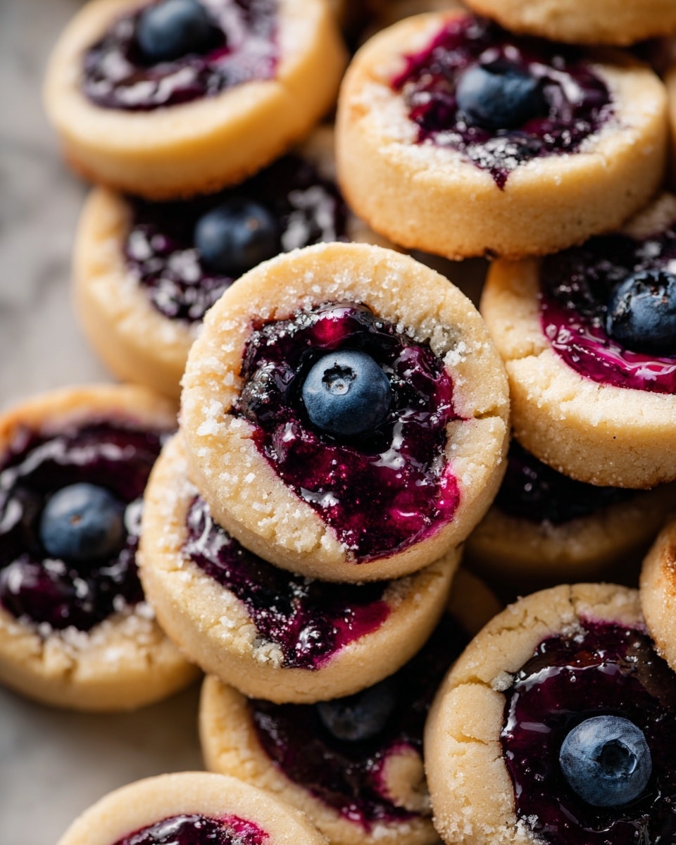 A close-up view of many small round cookies piled together on a white marbled surface. Each cookie has a soft golden base with swirls of dark purple blueberry filling on the top, showing a slightly glossy and juicy texture. Some cookies have whole blueberries embedded near the center, adding a pop of deep blue color. The cookies have a light crumbly texture with a slight crack pattern on the surface. The photo taken with an iphone --ar 4:5 --v 7