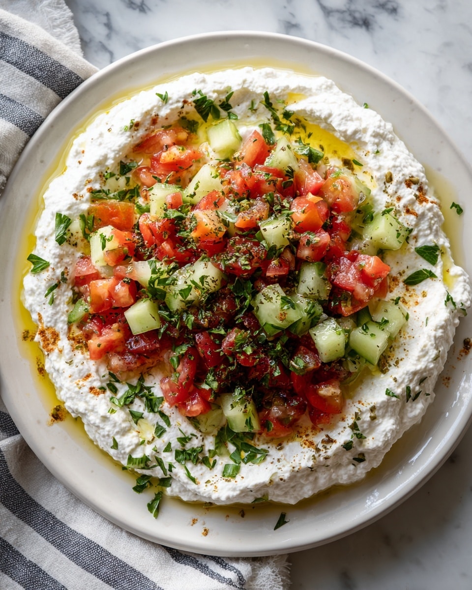 A round plate holds a thick, white creamy layer spread evenly with a rough texture along the edges. On top of the cream is a colorful mix of small chopped vegetables, mainly bright red tomato pieces and green cucumber chunks, arranged in the center. There are also fresh green parsley leaves placed on the vegetables. A drizzle of golden yellow olive oil shines across the top, with some dried herbs sprinkled over everything. The plate sits on a white marbled surface with a striped cloth nearby. photo taken with an iphone --ar 4:5 --v 7