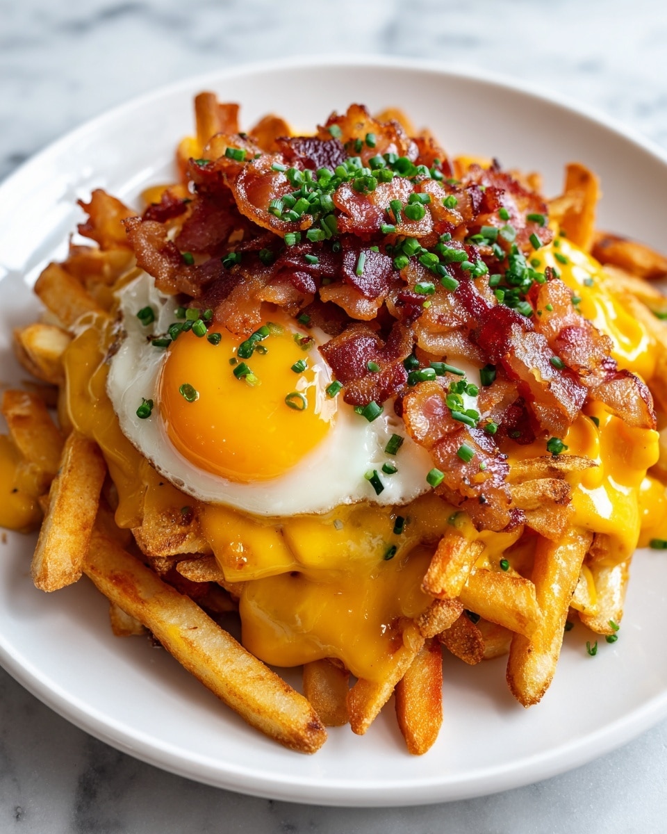 A white plate holds a stack of golden brown fries as the first layer, topped by a bright yellow melted cheese sauce spilling over the edges. On top of the cheese sauce, there is a sunny-side-up egg with a shiny, bright yellow yolk and white edges. The final layer is several strips of crispy bacon with a deep reddish-brown color, sprinkled with finely chopped green chives. The dish sits on a white marbled surface, and some pepper and extra chives are scattered around the plate. photo taken with an iphone --ar 4:5 --v 7