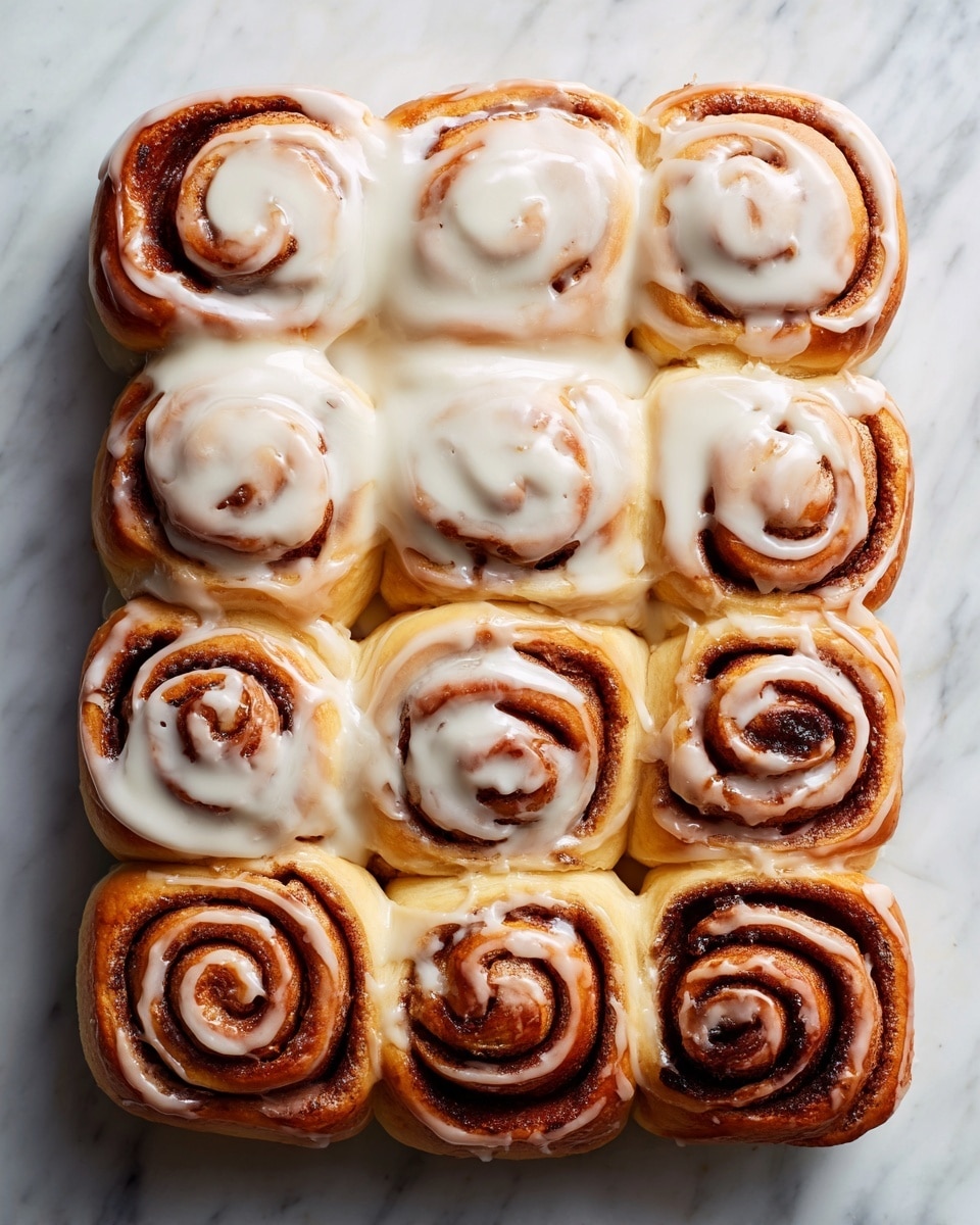 A white baking dish is filled with two rows of cinnamon rolls, with six rolls on the left side covered in white cream cheese frosting, showing a soft and creamy texture with swirled icing on top, while the six rolls on the right side remain plain with visible dark brown cinnamon spirals and a golden brown dough. The rolls are dense and closely packed, slightly puffed up with the frosting smoothly spread on top of half the rolls. The dish is set on a white marbled surface. Photo taken with an iphone --ar 4:5 --v 7
