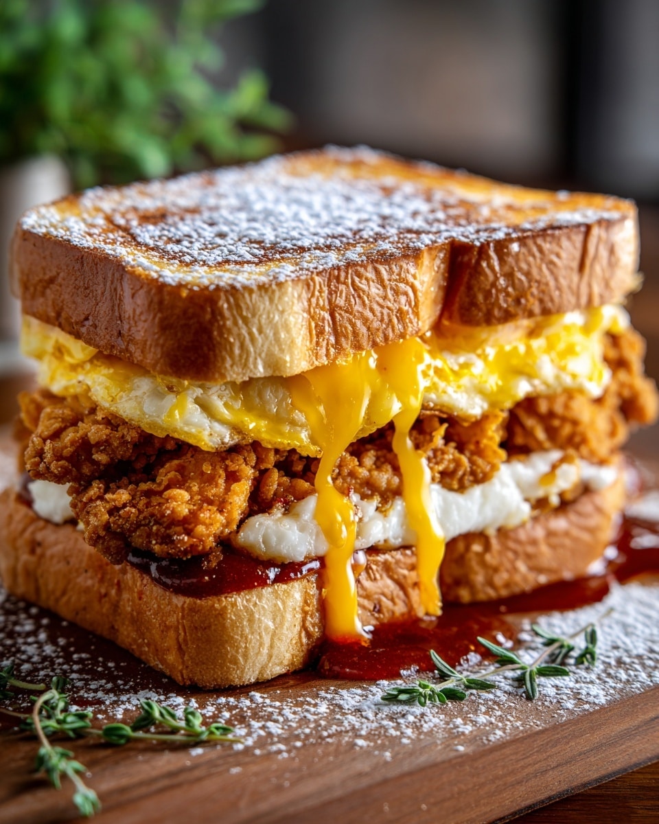 A thick sandwich with three main layers sits on a wooden surface, with a white marbled texture in the background. The bottom layer is a thick slice of toasted bread, golden brown with a slightly crispy texture. Above it is a large piece of crispy fried chicken, breaded with a crunchy, dark golden crust and juicy inside. On top of the chicken is a layer of rich, melted yellow cheddar cheese, dripping slightly down the side, topped with a scrambled egg that looks soft and fluffy with a pale yellow color. The top layer is another thick slice of toasted bread, golden brown with a shiny surface and a dusting of powdered sugar. The whole sandwich appears hearty and warm, showing textures of crisp, soft, and melty combined. Photo taken with an iphone --ar 4:5 --v 7
