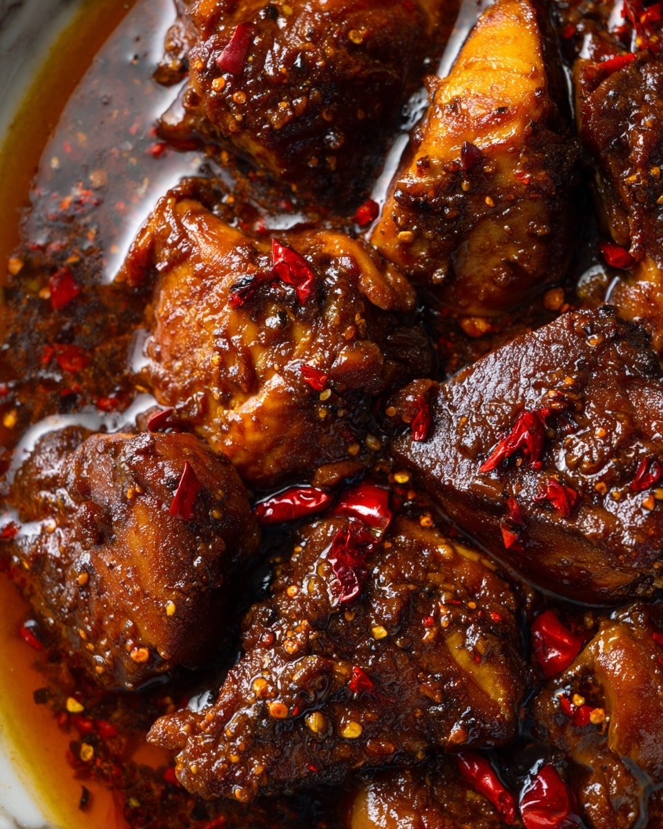 The image shows a close-up of many pieces of dark brown, richly cooked meat in a deep pool of thick, shiny sauce. The meat has a caramelized surface with visible spices and small bits of red peppers mixed in. The sauce is glossy and coats the meat in a thick layer, with textures suggesting slow cooking and tenderness. The colors mainly range from dark brown to reddish-brown, giving a hearty and flavorful look. The background is a white marbled texture that contrasts with the dark tones of the dish. Photo taken with an iphone --ar 4:5 --v 7