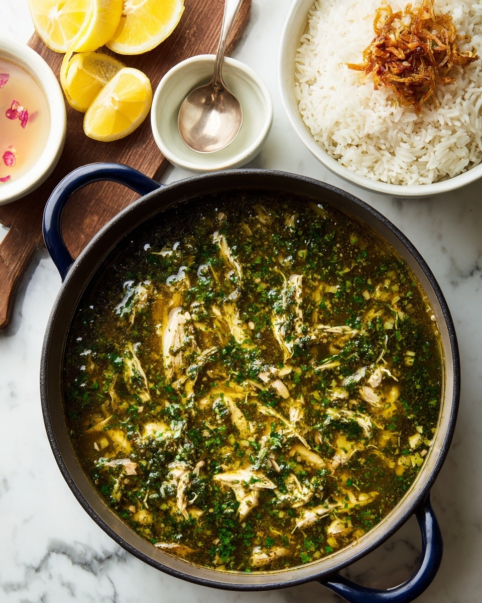 A deep black pot with blue handles holds green soup with visible bits of shredded white chicken spread across the broth, giving a textured and hearty look. Behind it, there is a white bowl filled with fluffy white rice, some grains slightly clumped, adding a soft texture contrast. Nearby, a smaller white bowl contains a pinkish-purple mixture with small white and green pieces mixed inside, giving a fresh and colorful accent. In the background, on a wooden board, there are two lemon halves positioned next to each other, their bright yellow color adding a vibrant touch to the scene. All items sit on a white marbled surface. photo taken with an iphone --ar 4:5 --v 7