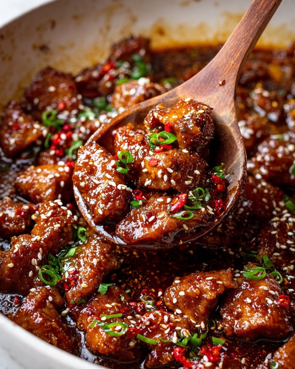 A close-up view of a rich brown stew with tender meat pieces covered in a thick sauce, held by a wooden spoon. The stew is garnished with small white sesame seeds, tiny bright red chili flakes, and bits of fresh green onions scattered throughout. The texture looks smooth and glossy with a hearty, comforting appearance, all set inside a white pot with the focus on the lifted spoonful showing the juicy meat and flavorful sauce photo taken with an iphone --ar 4:5 --v 7
