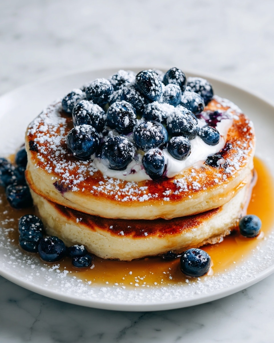 Two thick, golden pancakes stacked on a white plate with a white marbled texture in the background. The top pancake is topped with a dollop of white whipped cream and a generous handful of fresh, plump blueberries, some of which are dusted with a light sprinkle of powdered sugar. Around the base of the pancakes, more blueberries are scattered, resting on a layer of amber syrup that seeps softly from beneath. The pancakes have a slightly crispy, brown surface that contrasts with the soft, fluffy texture visible at the edges. photo taken with an iphone --ar 4:5 --v 7