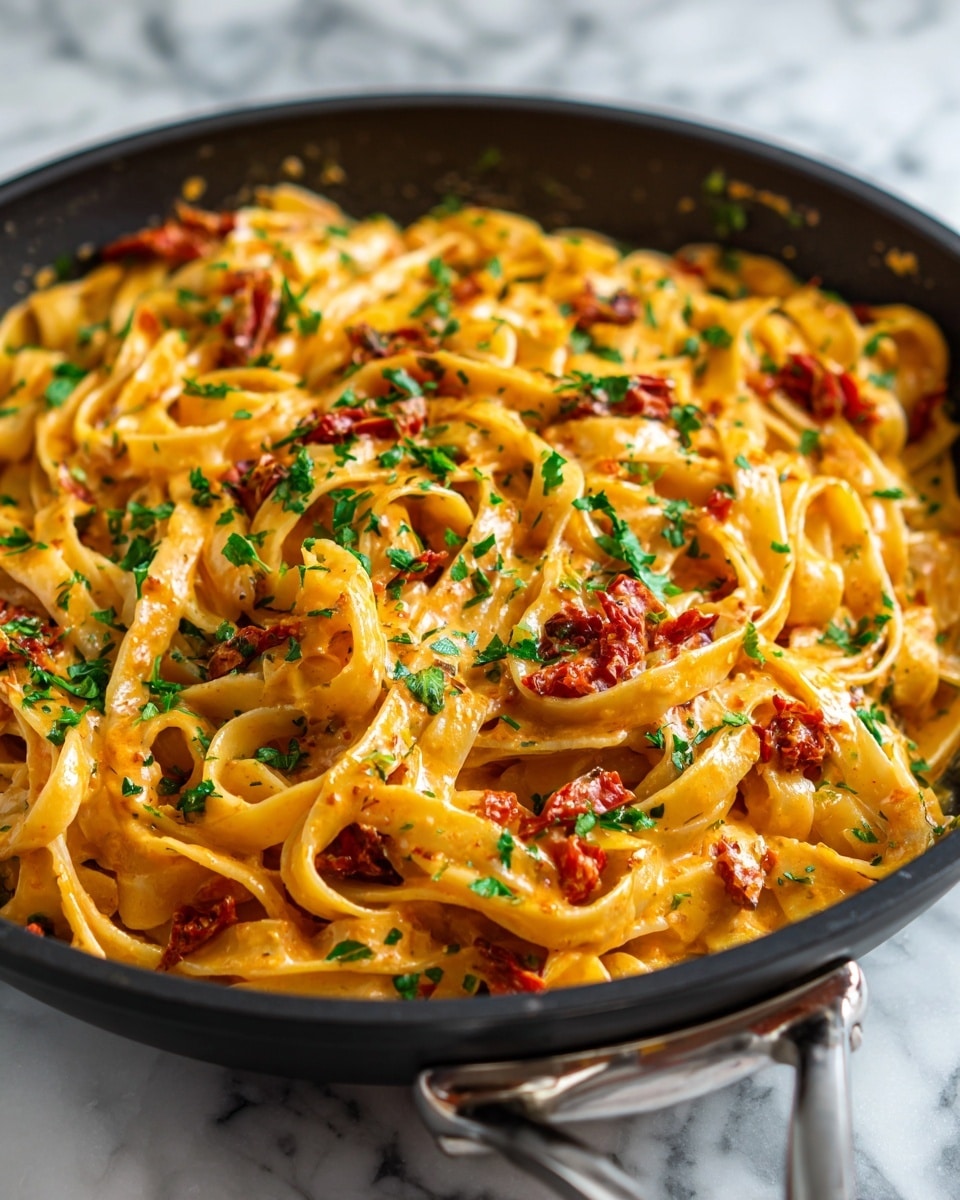A black skillet is filled with creamy light orange pasta tangled in thick flat noodles, mixed with small pieces of red sun-dried tomatoes scattered throughout. Fresh green parsley leaves are sprinkled generously on top, adding a vibrant contrast. The creamy sauce looks rich and smooth, coating each strand of pasta evenly, with a few visible specks of black pepper. The skillet sits on a white marbled surface, enhancing the dish's warm and fresh colors. photo taken with an iphone --ar 4:5 --v 7