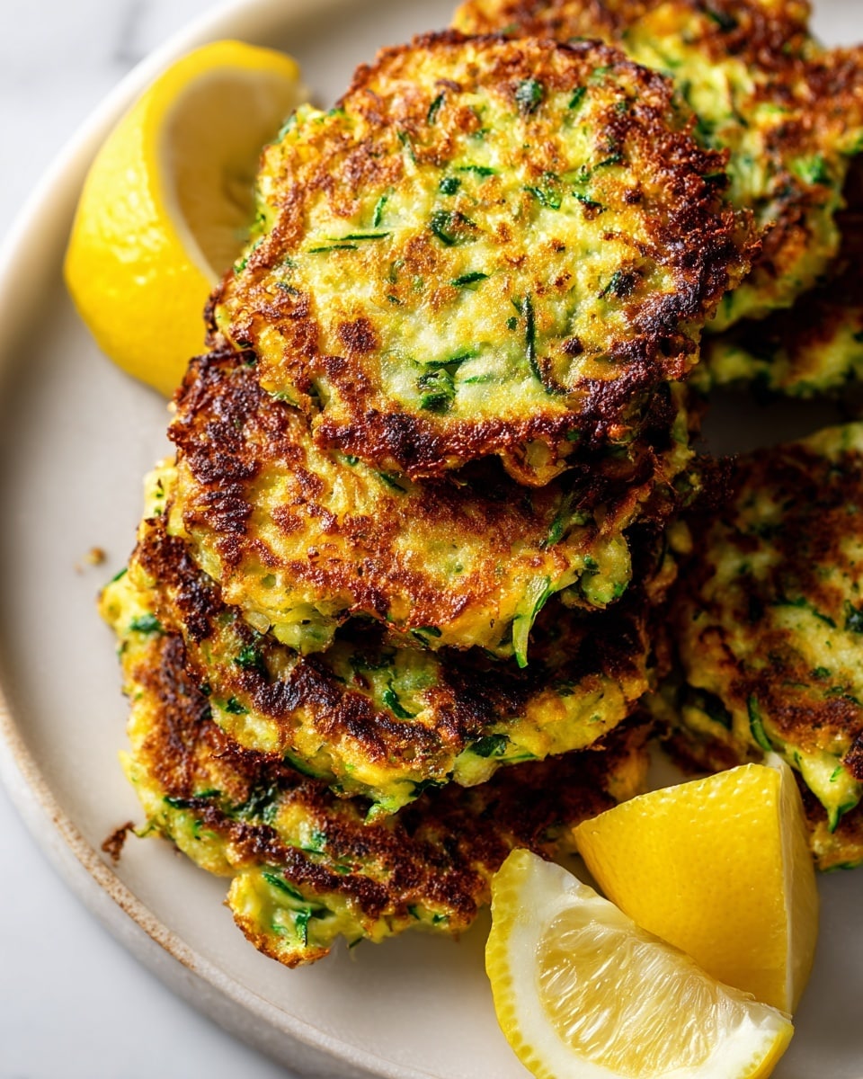 The image shows a close-up view of a white round plate with four golden-brown patties stacked closely together. Each patty has a crispy, slightly uneven surface with visible green leafy bits inside, giving a textured appearance. The patties are thick and have a mix of light green and golden brown colors, showing they are cooked well. To the back right of the plate, there are two lemon wedges with bright yellow skin and juicy, pale inner flesh. The plate is set on a white marbled surface, adding a clean and simple background to the image. photo taken with an iphone --ar 4:5 --v 7
