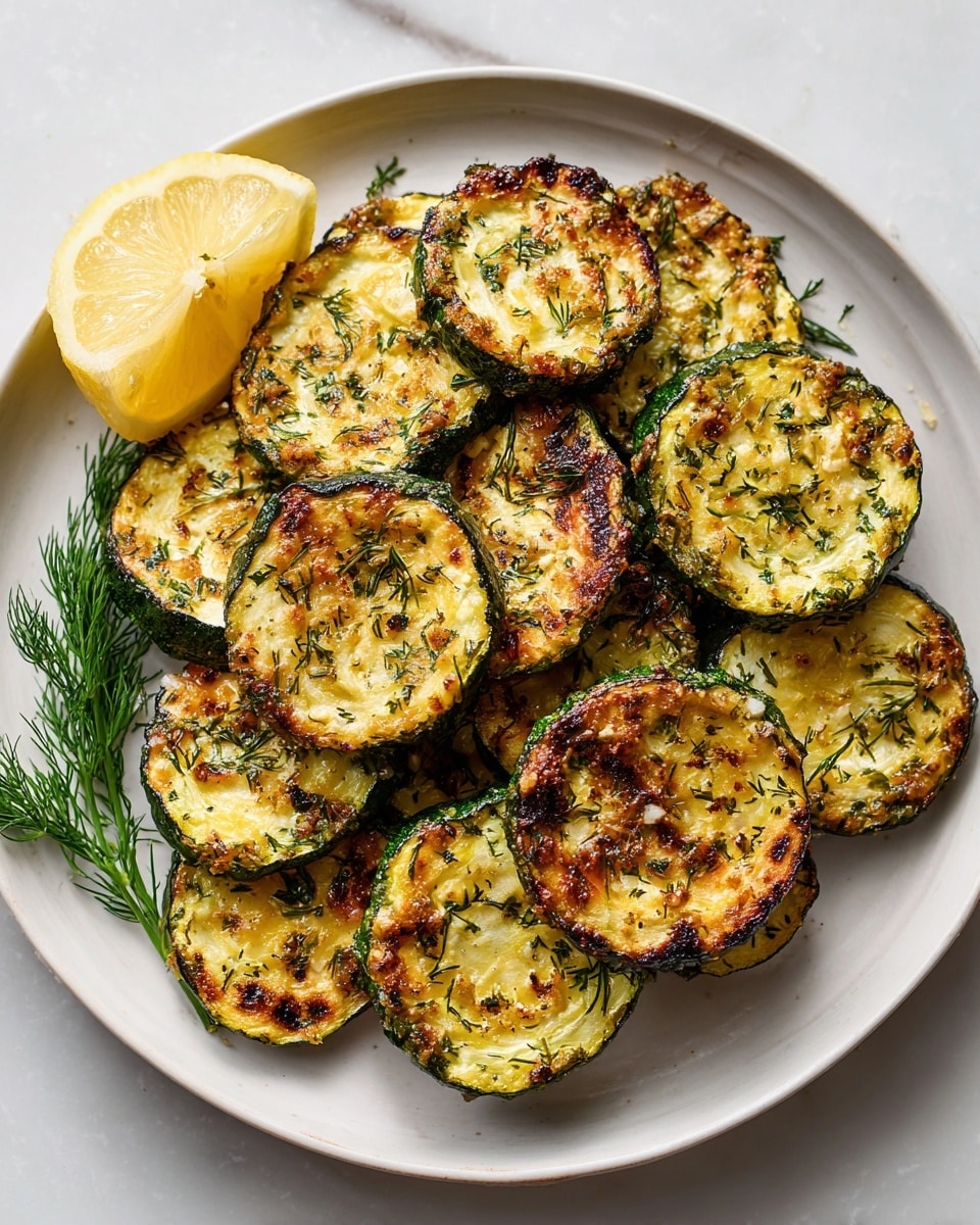 A white plate holds a circle of nine round zucchini slices, each topped with a golden-brown baked mixture showing small green herbs and a slightly crispy texture, arranged closely together. At the top left edge of the plate, half a bright yellow lemon is placed, cut side up. A small green dill sprig lies near the bottom left side of the plate, all set on a white marbled surface. photo taken with an iphone --ar 4:5 --v 7