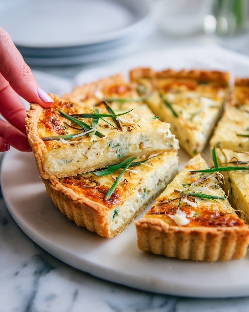A white plate holds a quiche cut into six slices. The quiche has a golden brown crust with a slightly crispy edge. The filling is creamy yellow with visible light brown toasted spots on top. Green vegetable stalks, possibly asparagus, are arranged on each slice, adding texture and color contrast. The background surface is a white marbled texture. Photo taken with an iphone --ar 4:5 --v 7