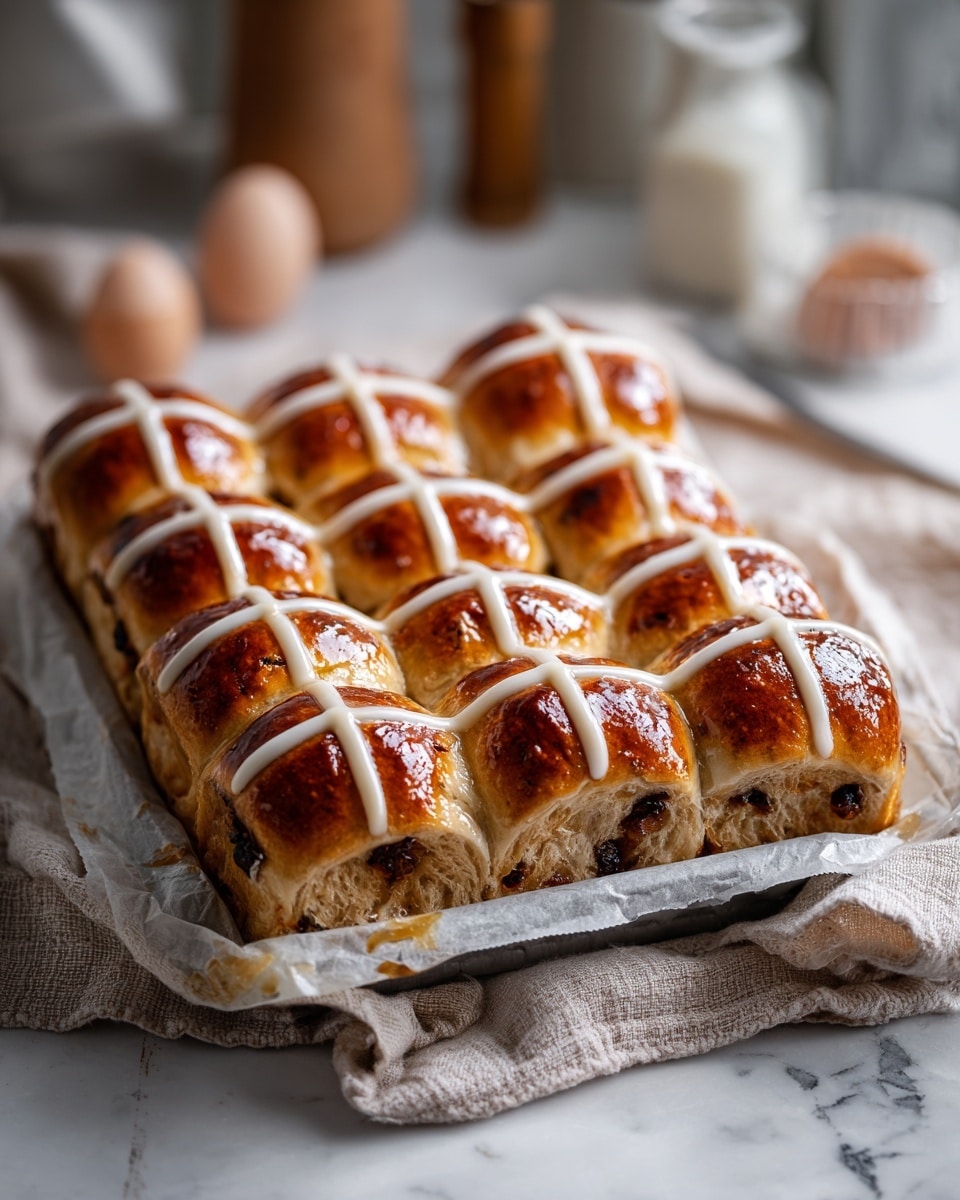 The image shows a white rectangular baking dish filled with hot cross buns arranged neatly in three rows. Each bun is golden brown and glossy, with a shiny white icing cross on top forming a crisscross pattern across the whole batch. The buns look soft and slightly puffy with a light crust. The dish sits on a beige cloth on a white marbled surface with a blurred background that includes jars and a small lemon-shaped item. The lighting highlights the warm and fresh texture of the buns. Photo taken with an iphone --ar 4:5 --v 7
