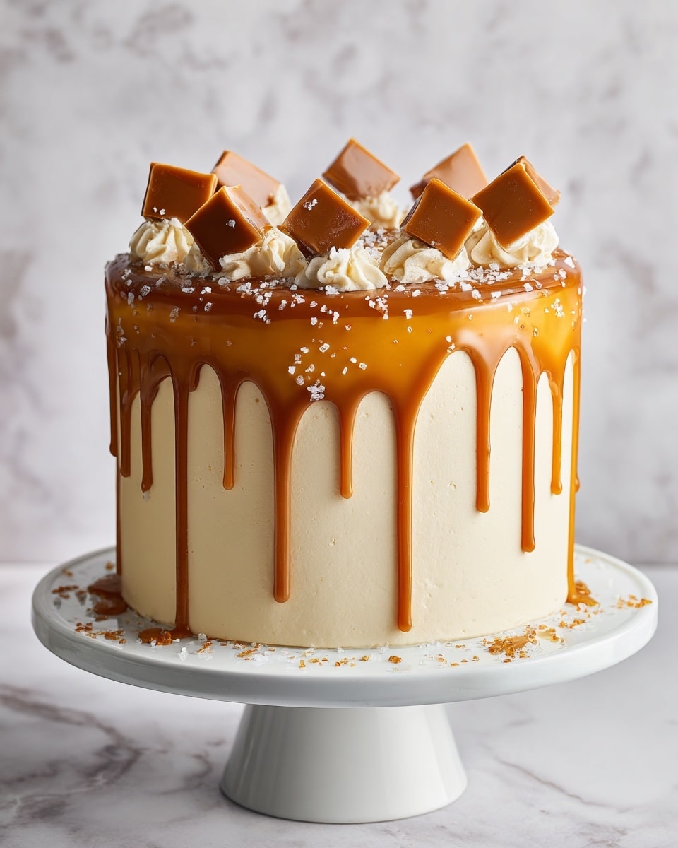 The image shows a tall, round cake with smooth, light cream-colored frosting covering the whole cake. On top, there is a thick layer of shiny caramel sauce dripping down the sides in uneven long streams. Arranged around the top edge are several triangular pieces of light brown caramel candy, adding texture and height to the cake. The cake sits on a shiny silver cake board which rests on a white ceramic cake stand with a simple raised design near the base. The background is a white marbled surface that makes the cake colors stand out. photo taken with an iphone --ar 4:5 --v 7