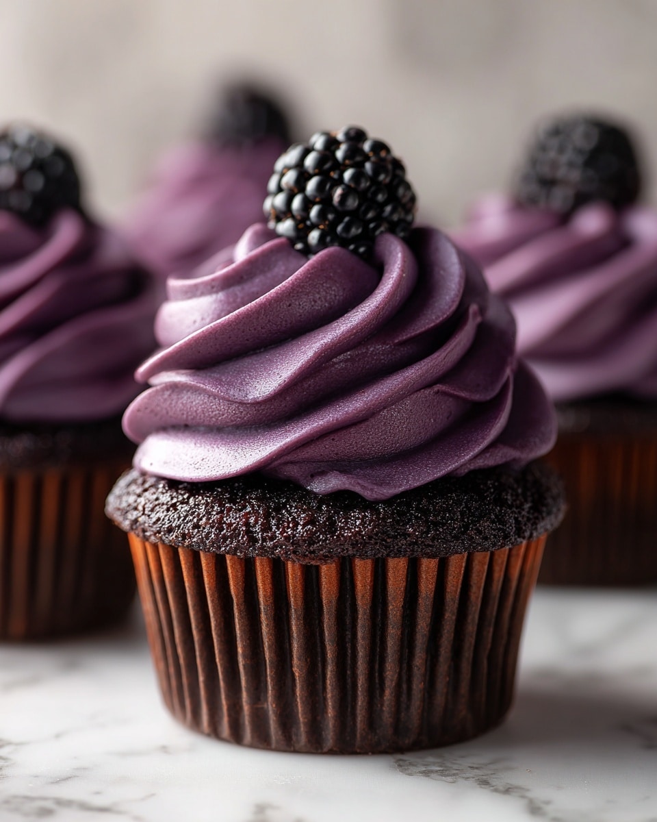 A close-up view of a chocolate cupcake topped with smooth, light purple swirled frosting that forms three visible swirl layers, crowned with a single shiny, dark blackberry with white specks in the center. The cupcake is in a black liner with ridges, placed on a dark surface. The texture of the frosting looks creamy and soft, contrasting with the slightly rough texture of the berry and the cake. In the background, there are blurred similar cupcakes with the same purple frosting. Photo taken with an iphone --ar 4:5 --v 7