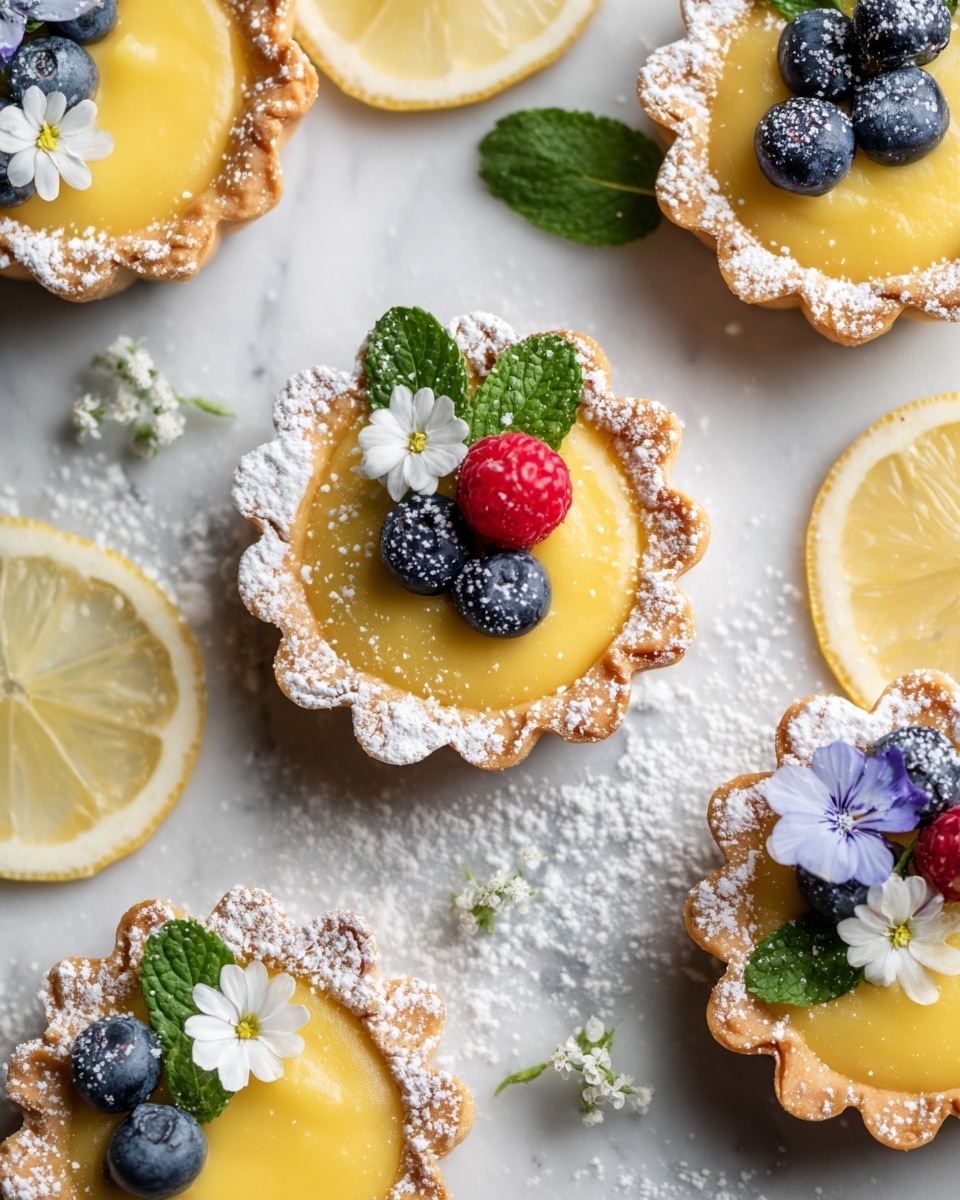The image shows several flower-shaped lemon tarts placed on a white marbled surface dusted with powdered sugar. Each tart has a golden crust with scalloped edges lightly covered in powdered sugar and filled with bright smooth yellow lemon curd. On top of some tarts, there are small decorations including fresh blueberries, a single red raspberry, small green mint leaves, and tiny white edible flowers. Around the tarts, there are fresh lemon slices with visible juicy textures. The overall look is fresh, delicate, and bright. photo taken with an iphone --ar 4:5 --v 7
