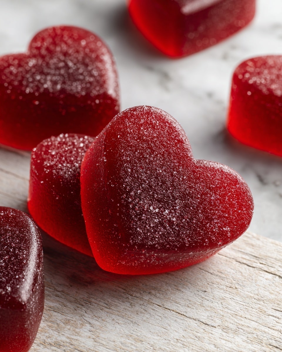 The image shows several heart-shaped red jelly candies with a shiny, slightly grainy texture on a wooden surface, which is changed to a white marbled texture. The candies are placed close together, with smooth edges and a translucent look that lets light shine through their bright red color. Photo taken with an iphone --ar 4:5 --v 7