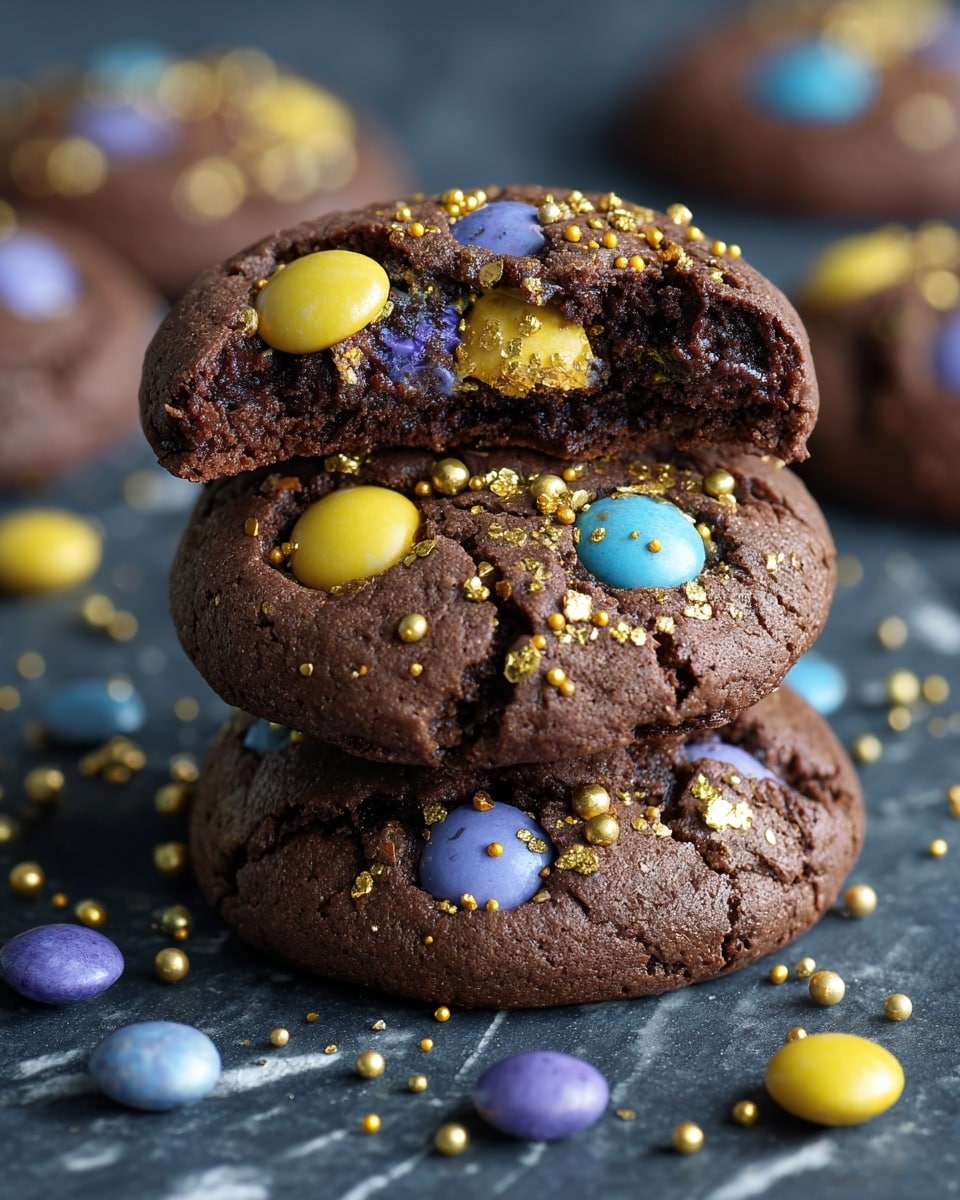 Two thick cookies stacked on top of each other on a white marbled surface, the bottom cookie is whole and the top cookie has a bite taken out, showing a dense, dark brown inside. Both cookies are rich brown with a slightly cracked texture on top, decorated with colorful candy pieces in blue, purple, and light beige, and a light sprinkling of gold dust around them. A few loose chocolates are scattered nearby. Photo taken with an iphone --ar 4:5 --v 7