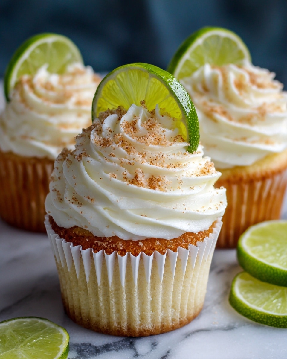 The image shows three cupcakes on a white marbled surface, each cupcake wrapped in a white paper liner. Each cupcake has a golden brown cake base topped with a thick swirl of white creamy frosting. On top of the frosting, there is a sprinkling of light brown crumbly topping. Each cupcake is garnished with a bright green lime slice inserted vertically. Additional lime slices are placed around the cupcakes on the surface. The background is dark, making the cupcakes and lime slices stand out. photo taken with an iphone --ar 4:5 --v 7