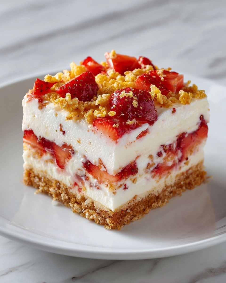 A square dessert bar with three layers sits on a white plate with a subtle floral pattern. The bottom layer is golden and crumbly, resembling a shortbread crust. The middle layer is thick, creamy, and white with chunks of red strawberries mixed inside, giving it a marbled look. The top layer is white and creamy, sprinkled with small crispy, light yellow pieces and pieces of fresh red strawberries evenly spread over it. The background is a white marbled texture, and some whole strawberries appear blurred in the background. Photo taken with an iphone --ar 4:5 --v 7