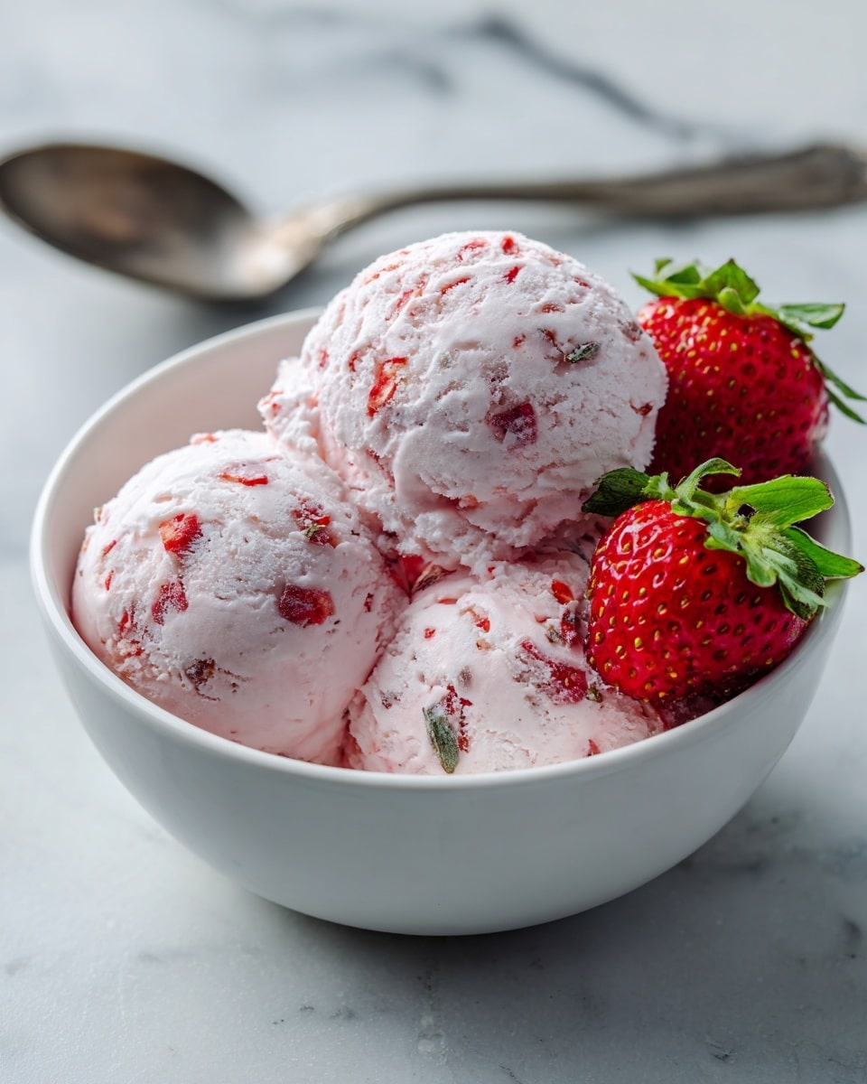 Three scoops of pale pink ice cream with red strawberry bits and small green herb pieces mixed throughout sit inside a white bowl. On the right side, a bright red strawberry with green leaves rests against the ice cream, and a fresh green herb sprig leans on the strawberry. The bowl is placed on a white marbled surface with two more strawberries nearby. The ice cream texture appears creamy and slightly frosty. photo taken with an iphone --ar 4:5 --v 7