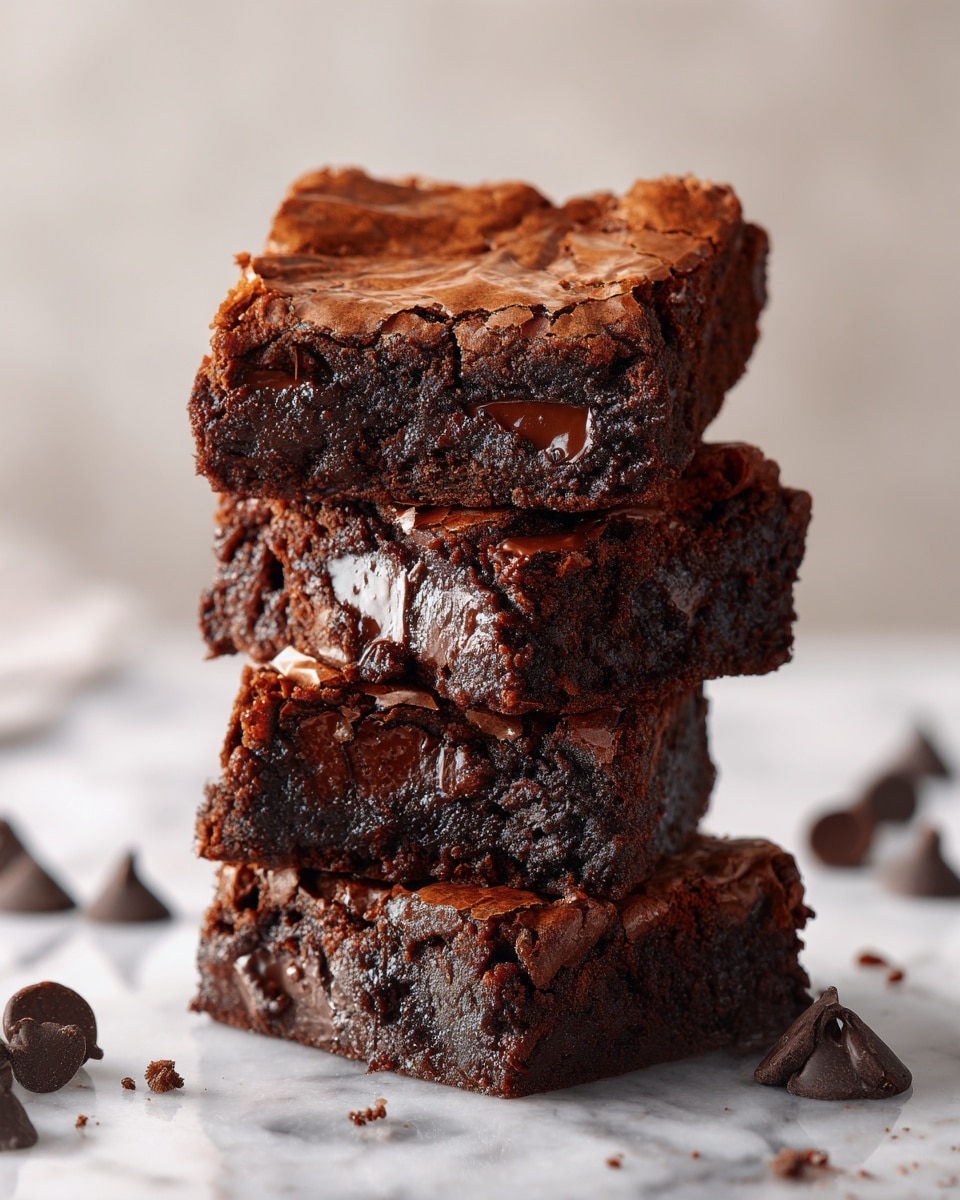 A close-up view of a stack of three thick, fudgy brownies with a rich dark brown color. Each brownie layer shows a moist, dense texture with gooey melted chocolate chunks inside, especially obvious in the middle brownie. The top of each brownie has a slightly cracked, shiny crust with a lighter brown shade. The brownies are placed on a white marbled surface with a few scattered chocolate chips around them. Photo taken with an iphone --ar 4:5 --v 7