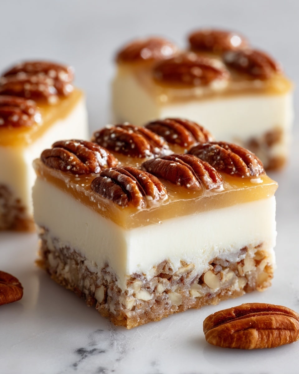 A close-up of a four-layer dessert square sits on a white marbled surface. The bottom layer is thick and made of mixed light brown nuts held together by a caramel-like sticky substance. Above it is a smooth, creamy white layer that contrasts with the textured nut layer below. The third layer resembles a thin, light brown crust that looks slightly flaky. The top layer is a shiny amber glaze decorated with whole pecans arranged evenly on the surface. A few pecans lie scattered on the white marbled surface next to the dessert. photo taken with an iphone --ar 4:5 --v 7